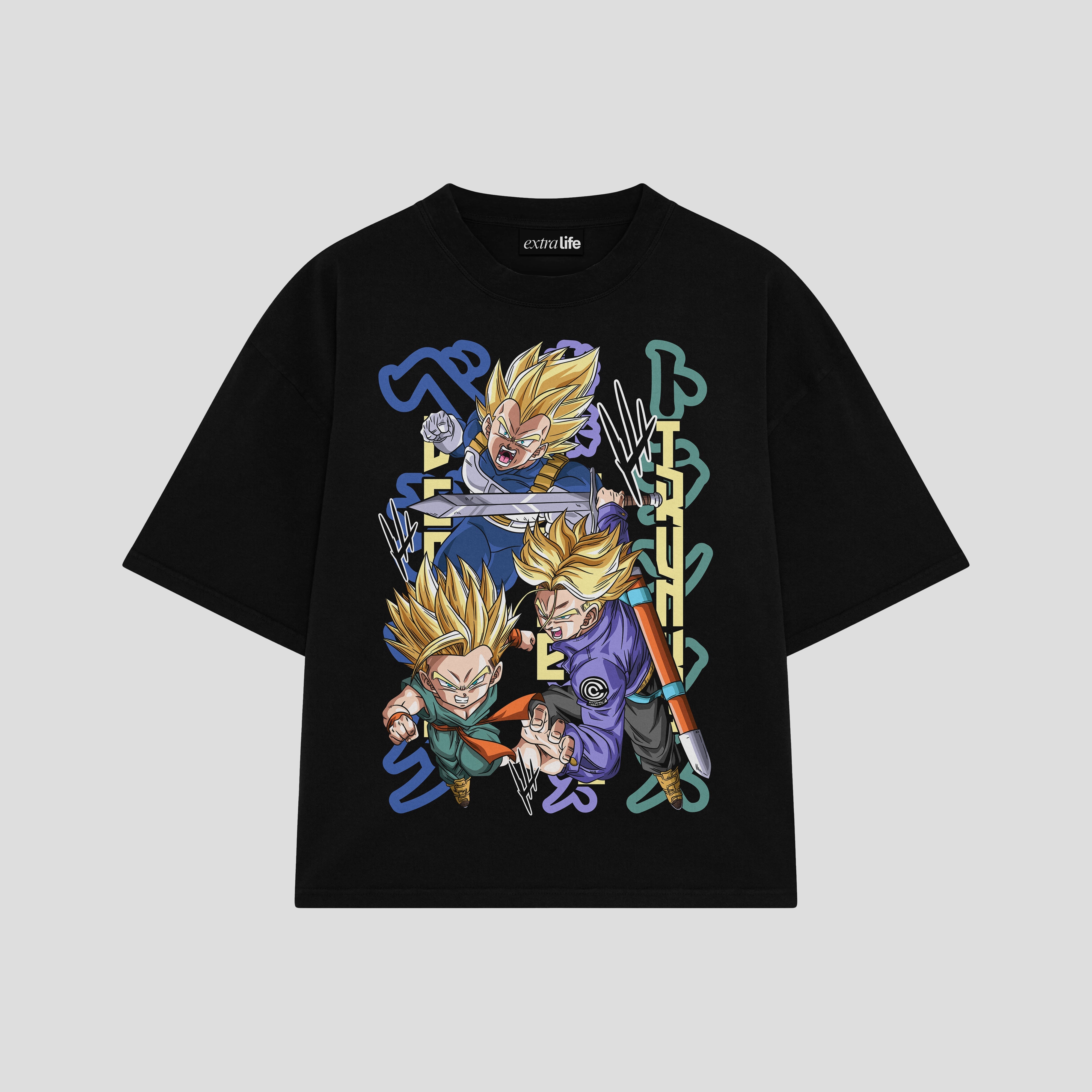 Playera streetwear premium de anime y gaming ExtraLife MX, corte boxy oversized drop shoulder heavyweight en color Deep Black y Off-White, moda urbana mexicana de culto.