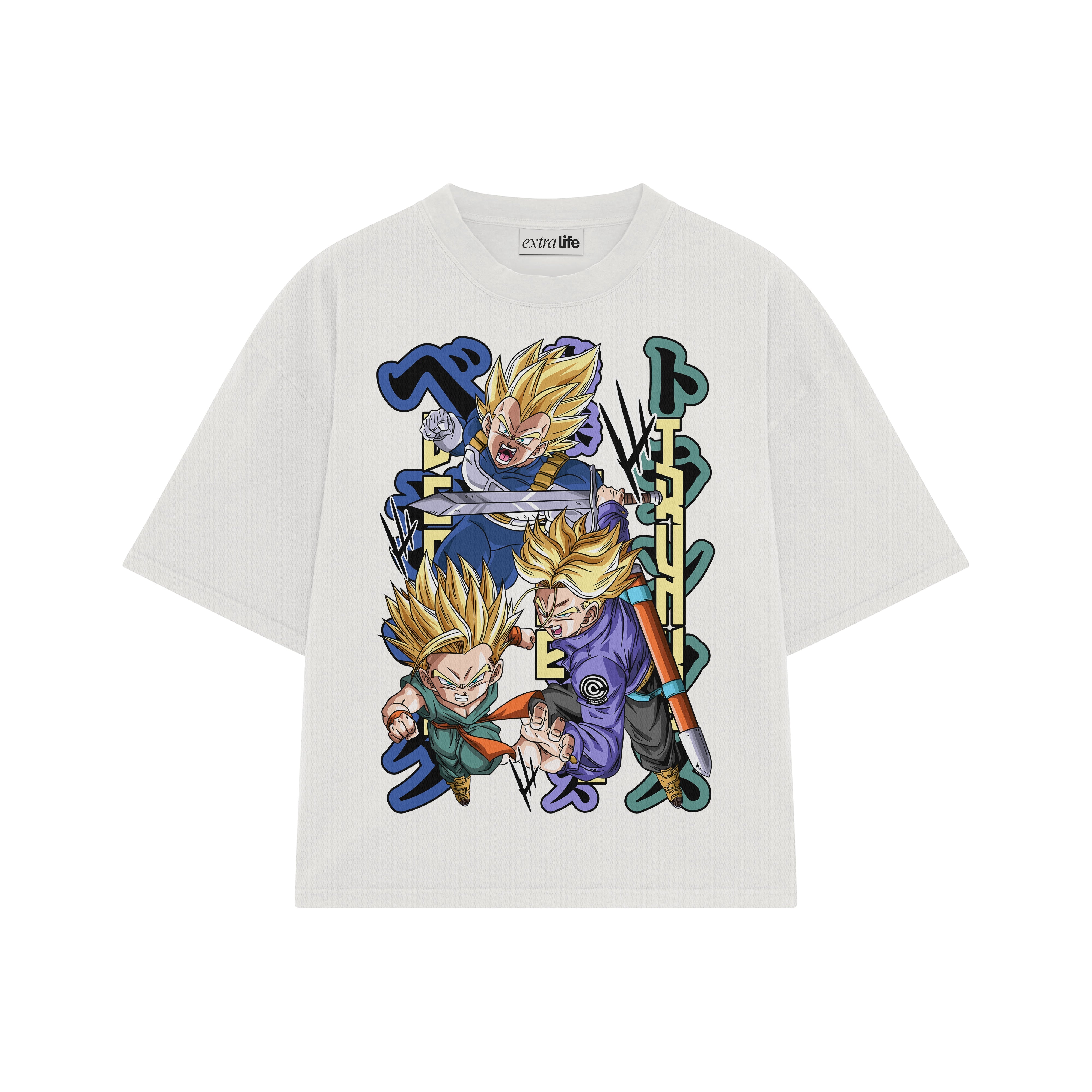 Playera streetwear premium de anime y gaming ExtraLife MX, corte boxy oversized drop shoulder heavyweight en color Deep Black y Off-White, moda urbana mexicana de culto.