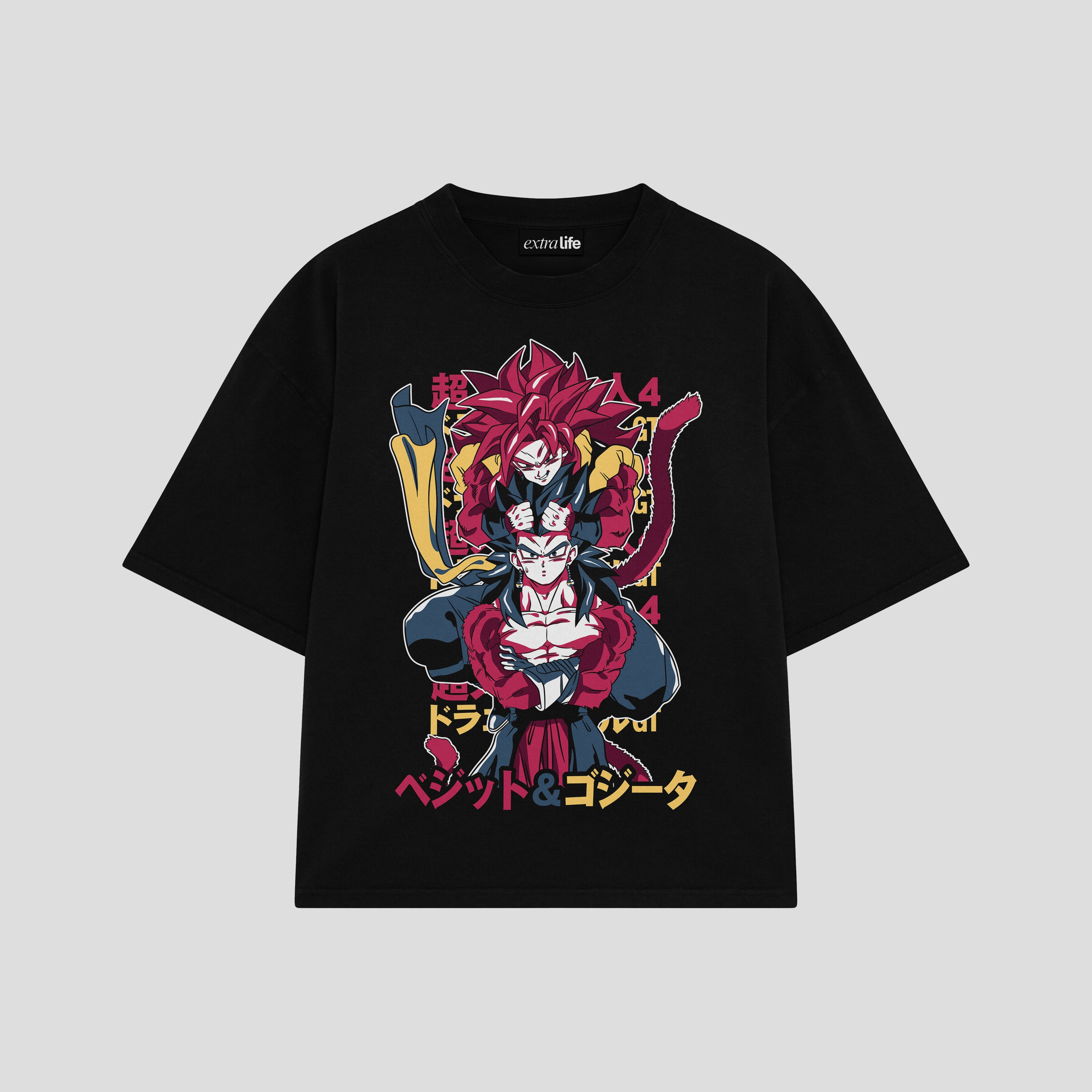 Playera streetwear premium de anime y gaming ExtraLife MX, corte boxy oversized drop shoulder heavyweight en color Deep Black y Off-White, moda urbana mexicana de culto.