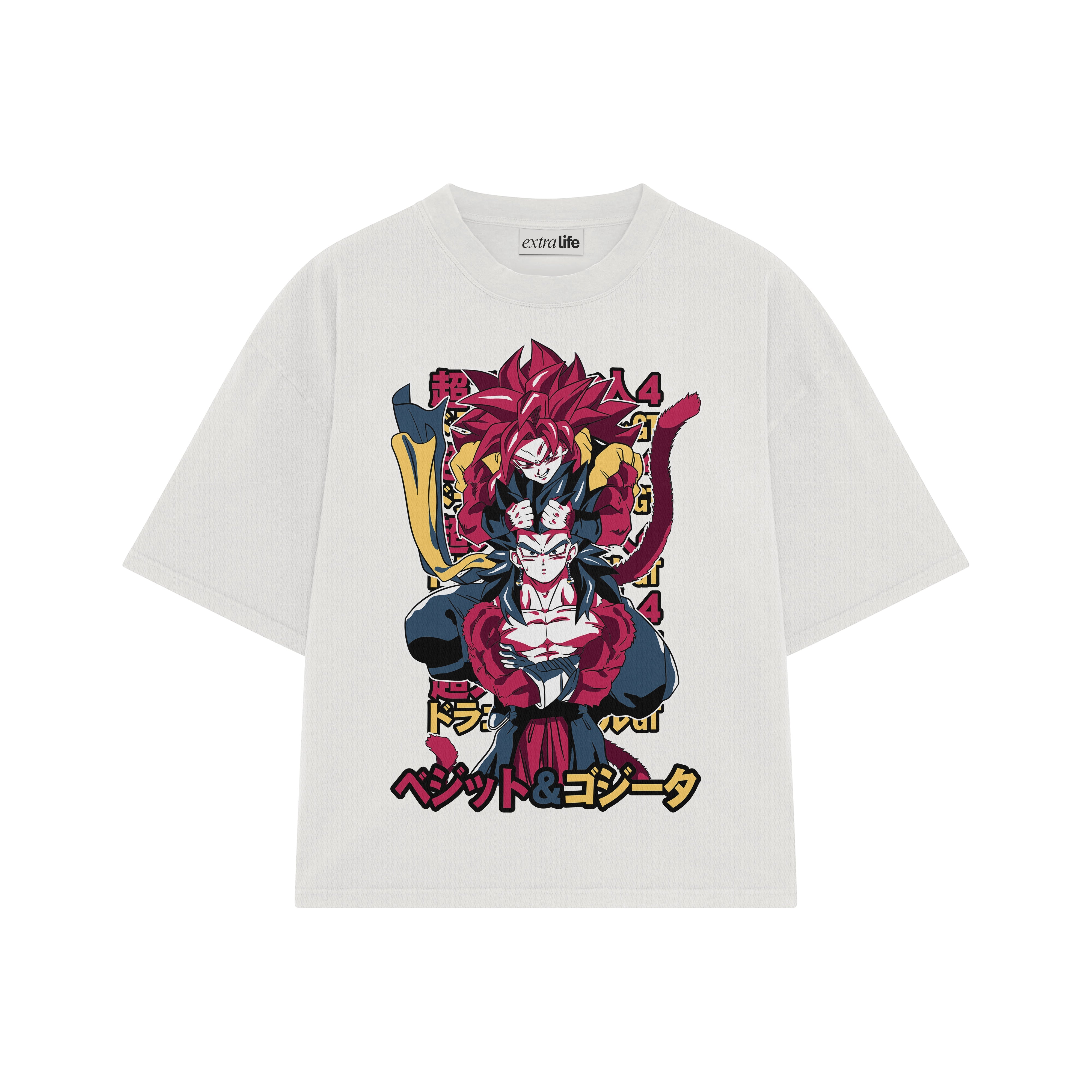 Playera streetwear premium de anime y gaming ExtraLife MX, corte boxy oversized drop shoulder heavyweight en color Deep Black y Off-White, moda urbana mexicana de culto.