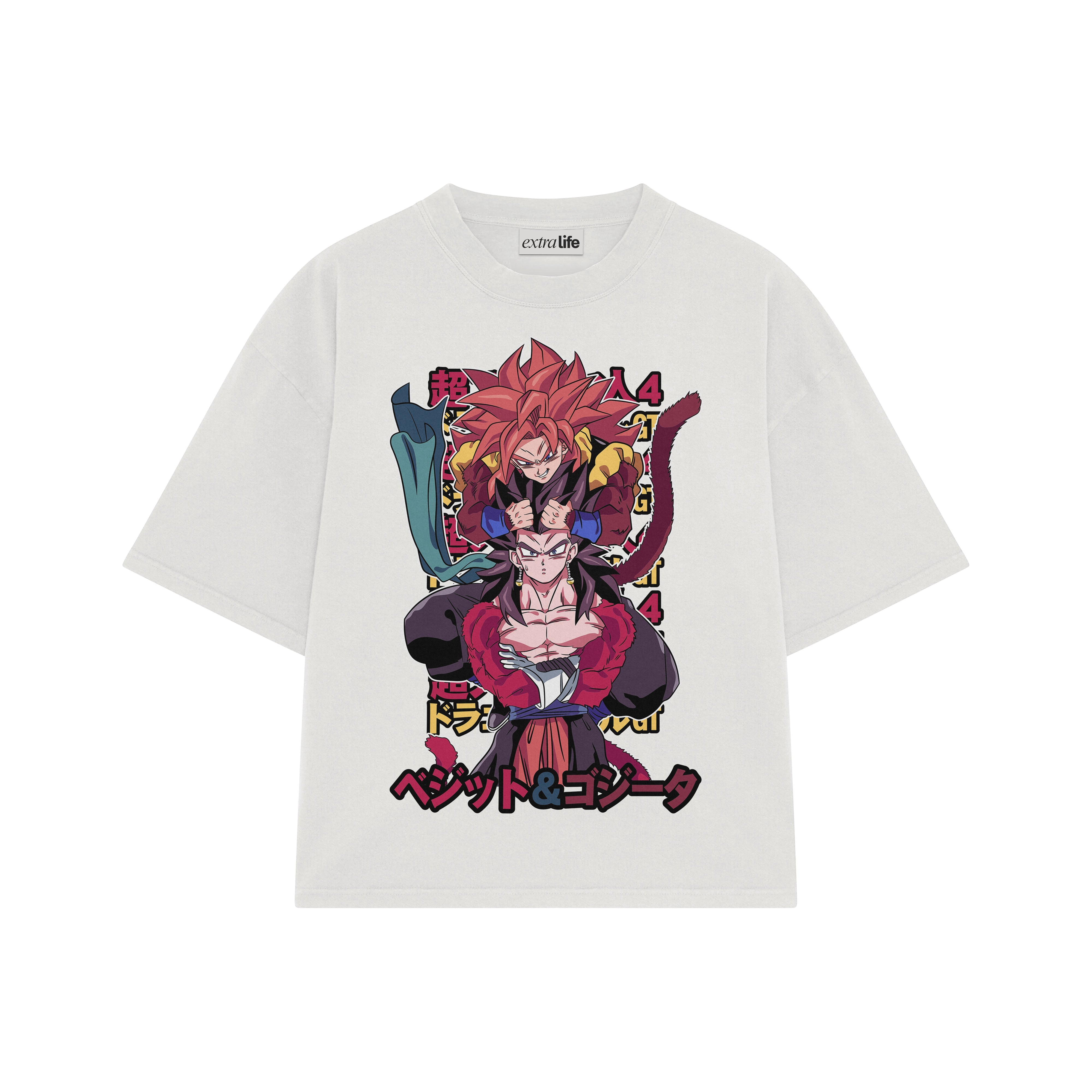 Playera streetwear premium de anime y gaming ExtraLife MX, corte boxy oversized drop shoulder heavyweight en color Deep Black y Off-White, moda urbana mexicana de culto.