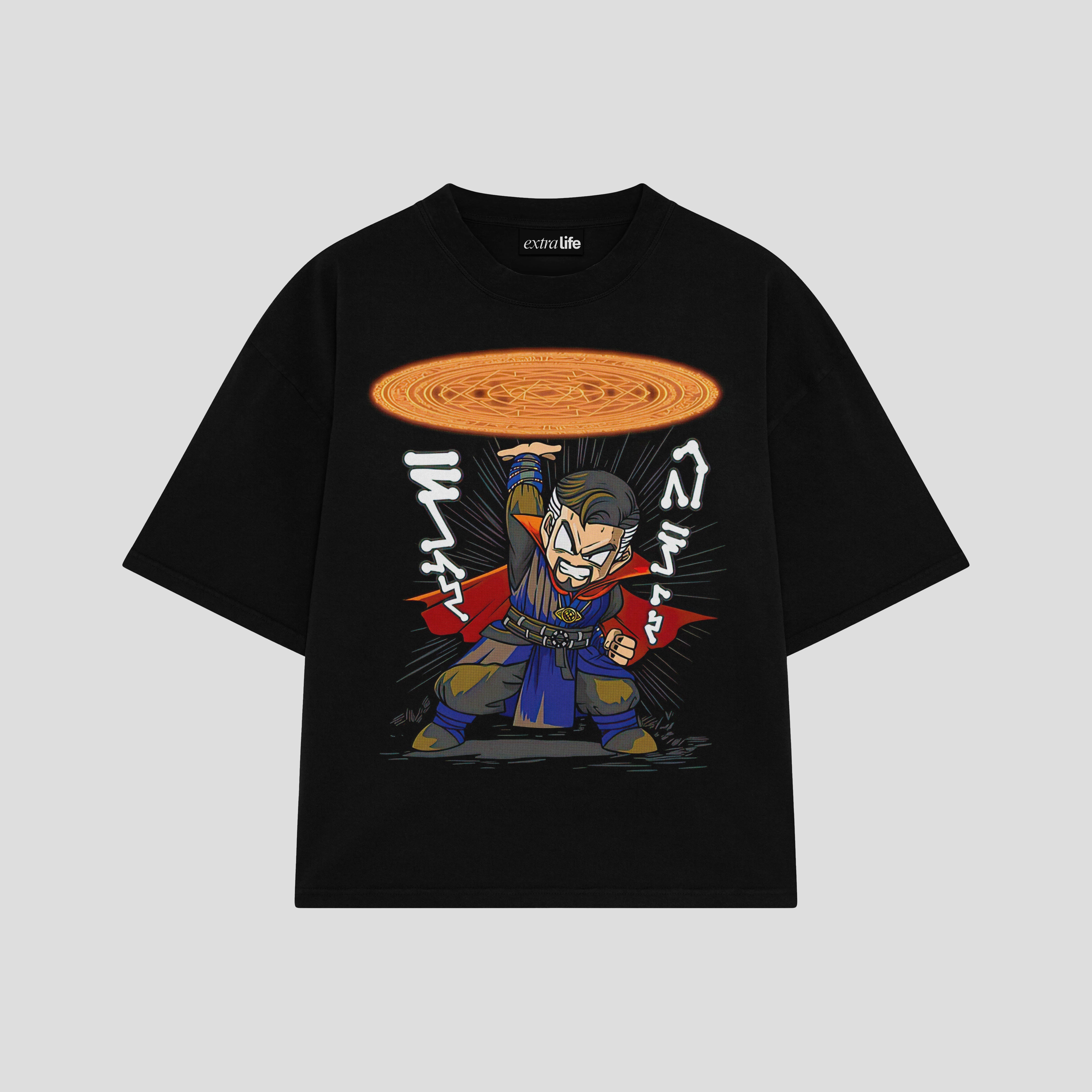 Playera streetwear premium de anime y gaming ExtraLife MX, corte boxy oversized drop shoulder heavyweight en color Deep Black y Off-White, moda urbana mexicana de culto.