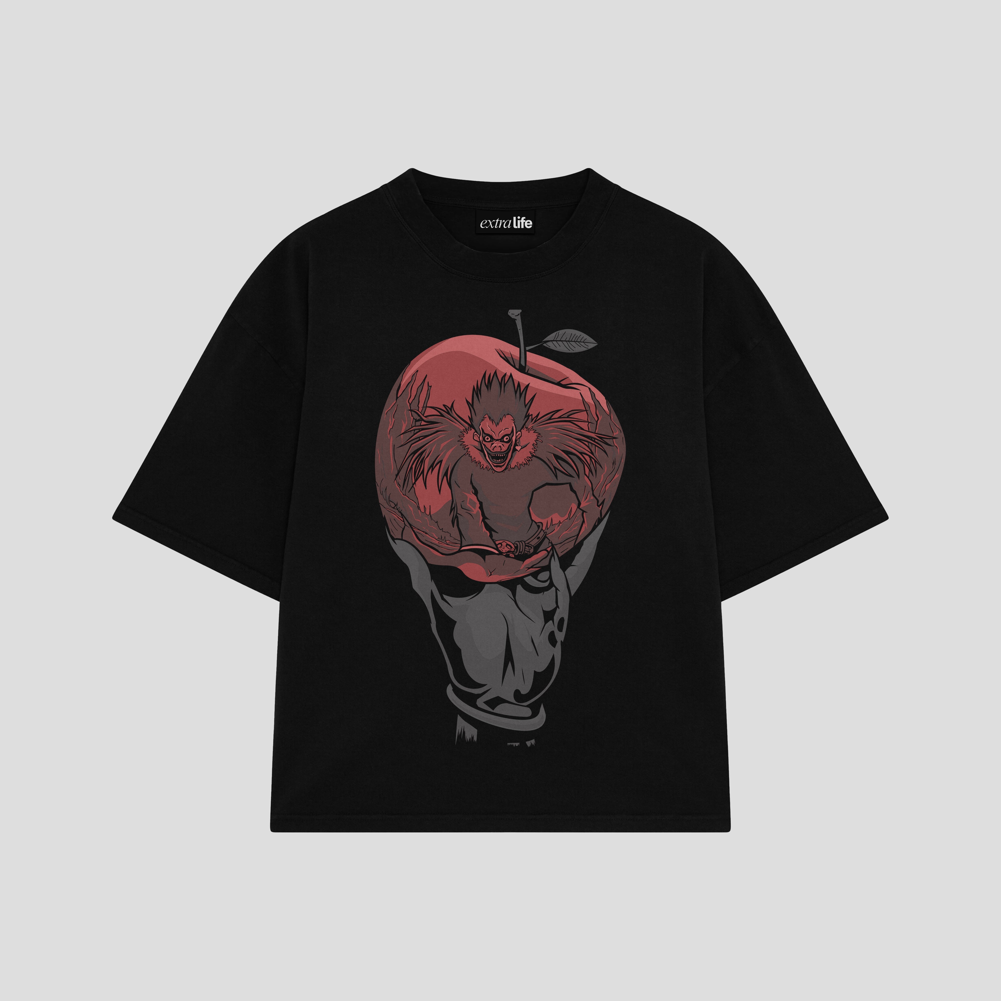 Playera streetwear premium de anime y gaming ExtraLife MX, corte boxy oversized drop shoulder heavyweight en color Deep Black y Off-White, moda urbana mexicana de culto.
