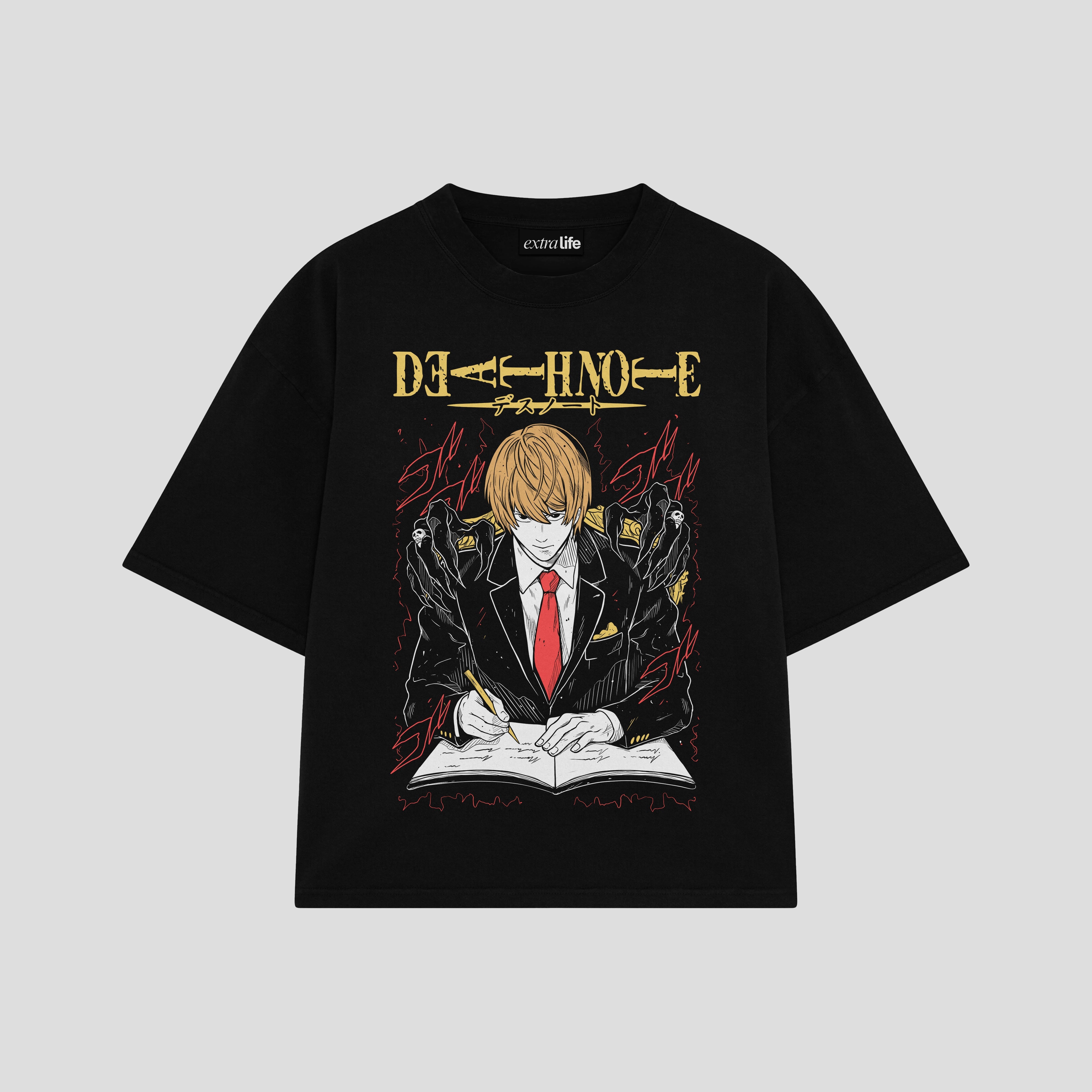 Playera streetwear premium de anime y gaming ExtraLife MX, corte boxy oversized drop shoulder heavyweight en color Deep Black y Off-White, moda urbana mexicana de culto.