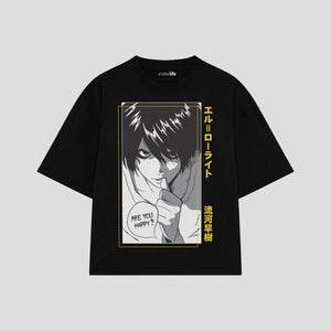 Playera streetwear premium de anime y gaming ExtraLife MX, corte boxy oversized drop shoulder heavyweight en color Deep Black y Off-White, moda urbana mexicana de culto.