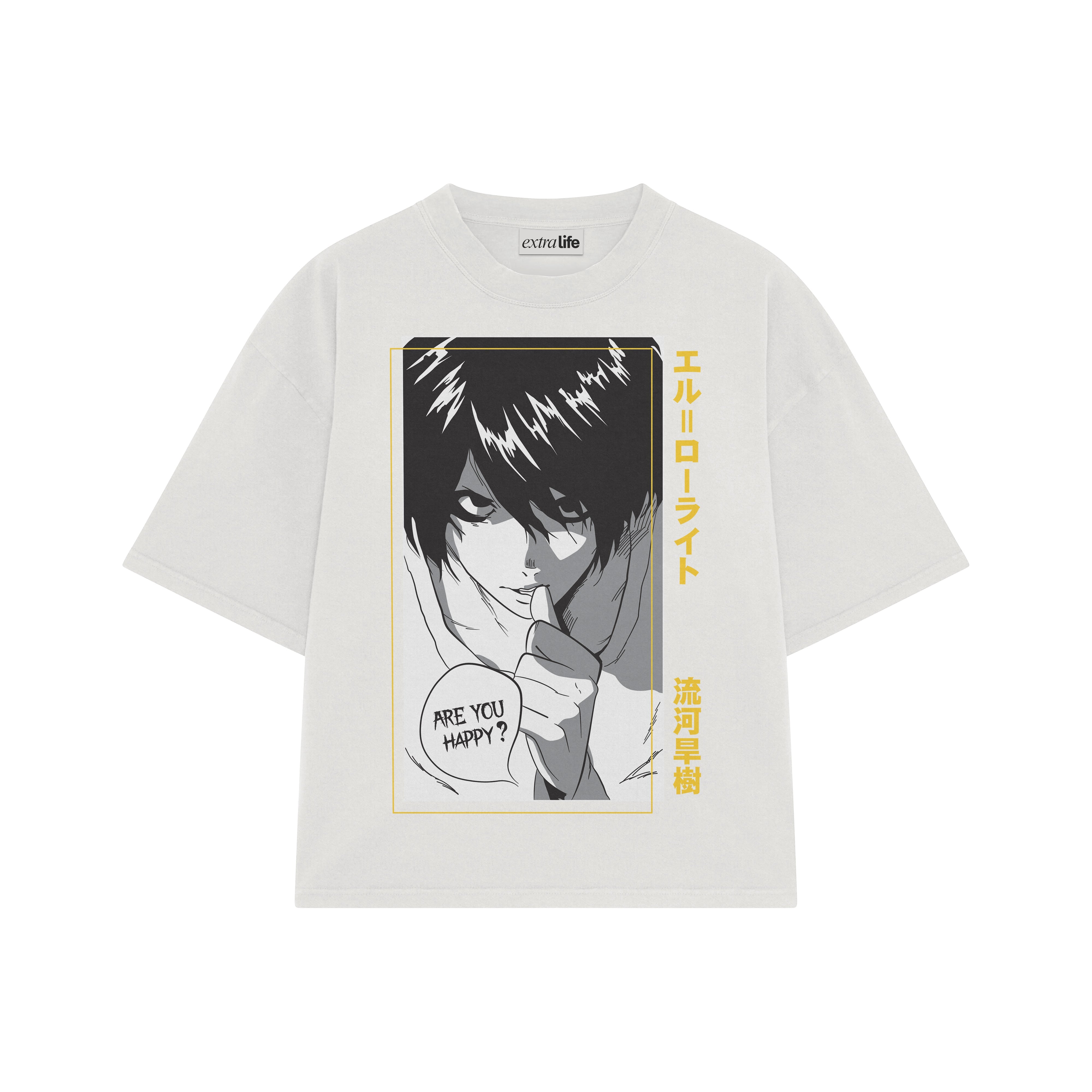 Playera streetwear premium de anime y gaming ExtraLife MX, corte boxy oversized drop shoulder heavyweight en color Deep Black y Off-White, moda urbana mexicana de culto.