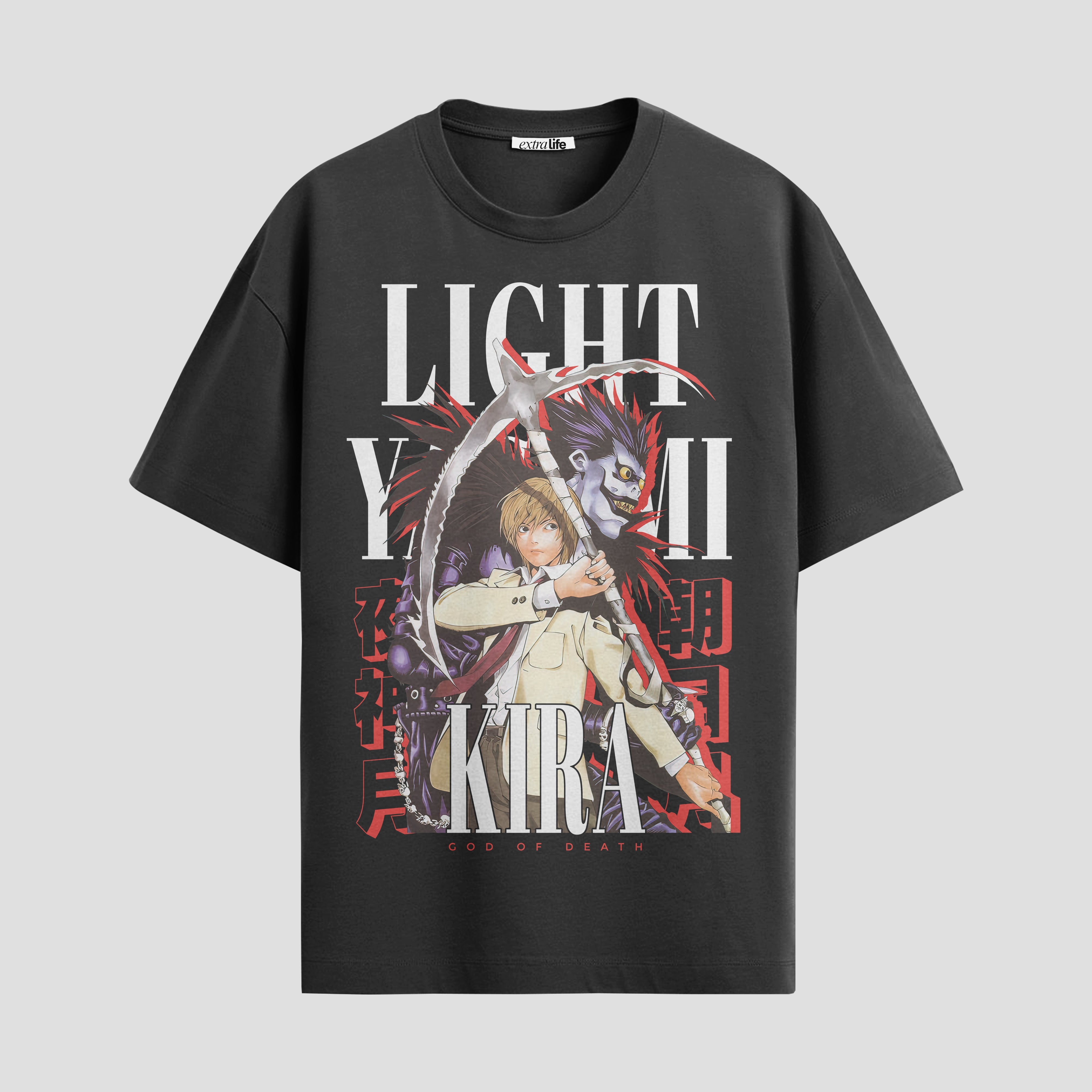 Playera urbana de anime y gaming ExtraLife MX, corte Standard Fit unisex ligero y transpirable en color Deep Black y Pure White, ropa de uso diario para gym y casual.