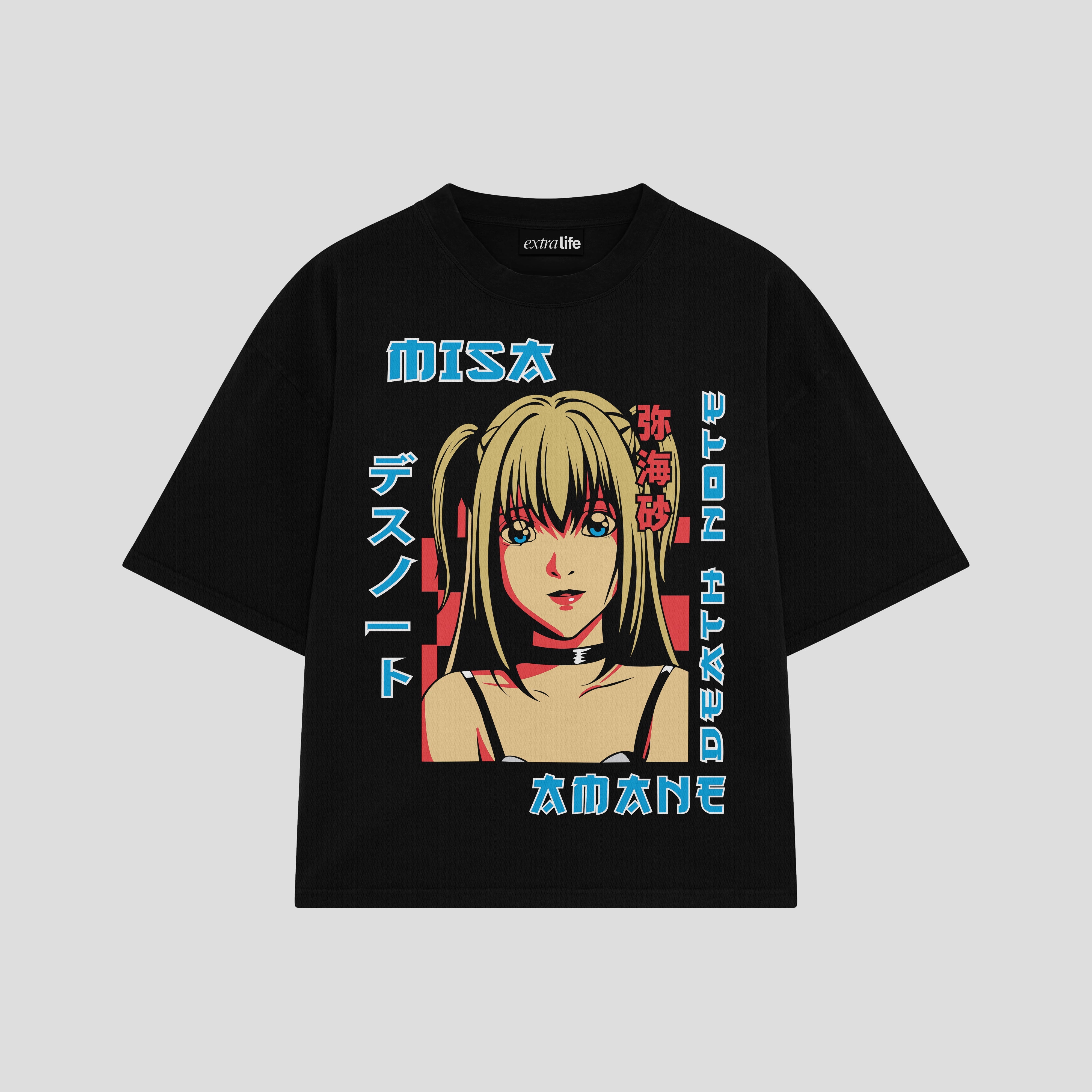 Playera streetwear premium de anime y gaming ExtraLife MX, corte boxy oversized drop shoulder heavyweight en color Deep Black y Off-White, moda urbana mexicana de culto.