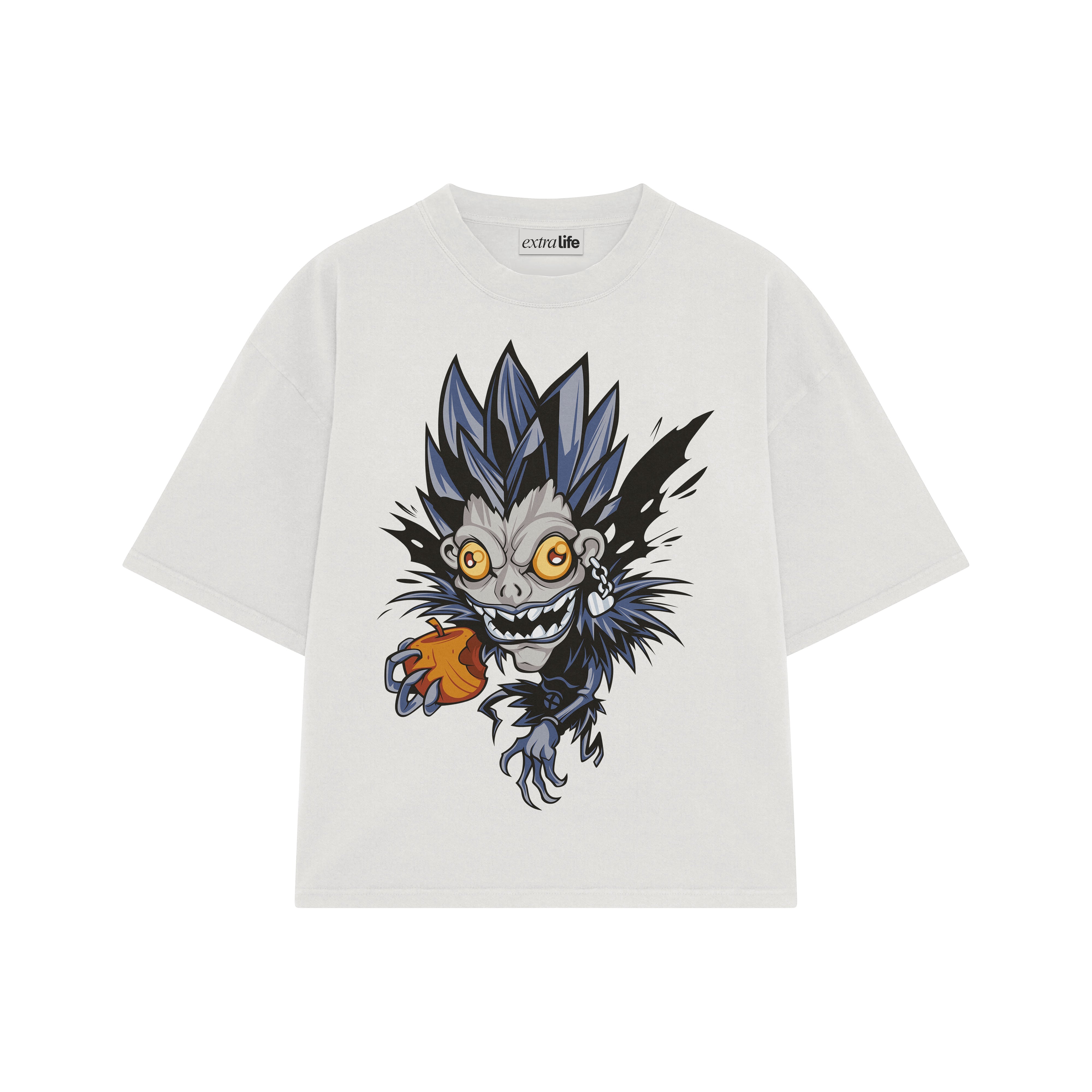 Playera streetwear premium de anime y gaming ExtraLife MX, corte boxy oversized drop shoulder heavyweight en color Deep Black y Off-White, moda urbana mexicana de culto.