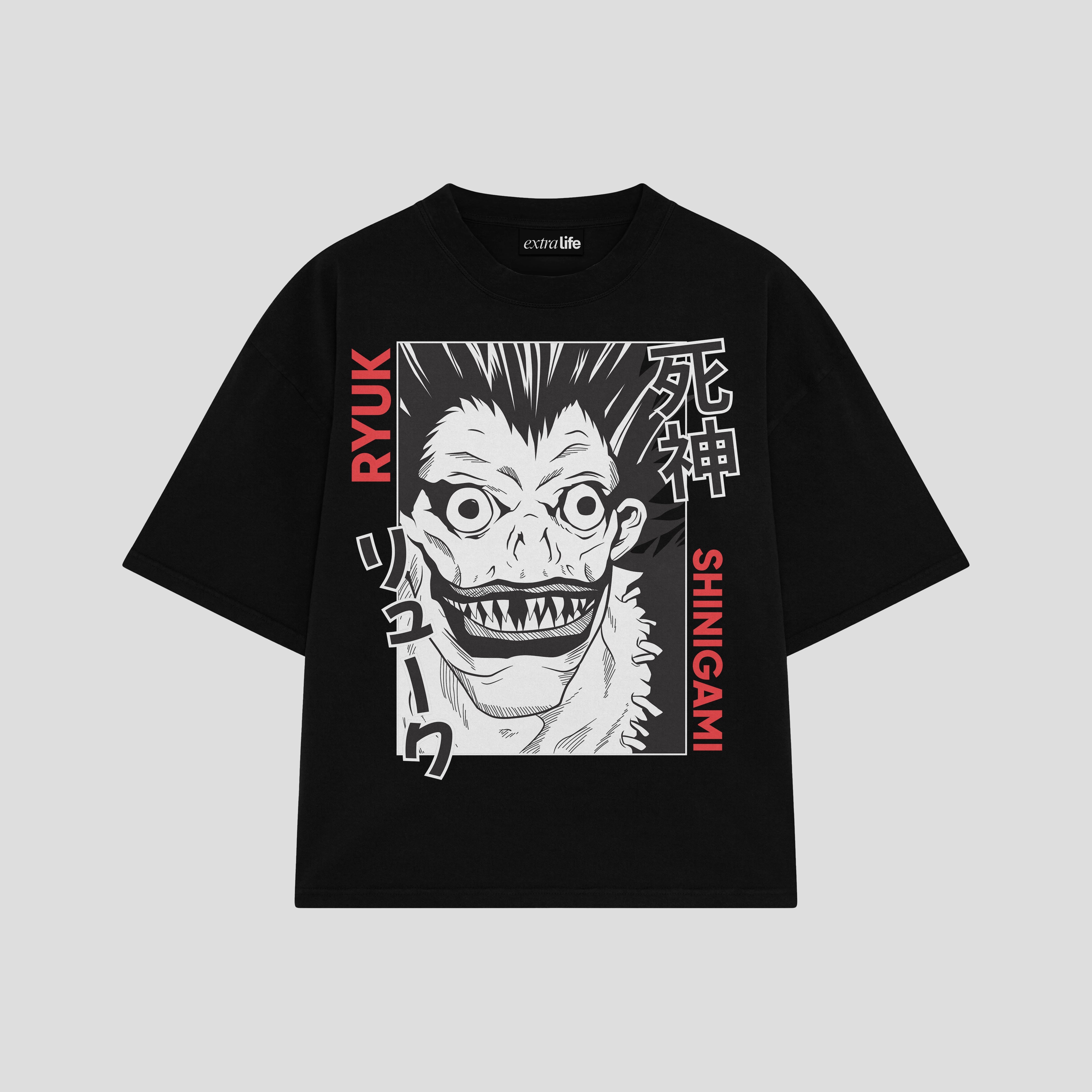 Playera streetwear premium de anime y gaming ExtraLife MX, corte boxy oversized drop shoulder heavyweight en color Deep Black y Off-White, moda urbana mexicana de culto.