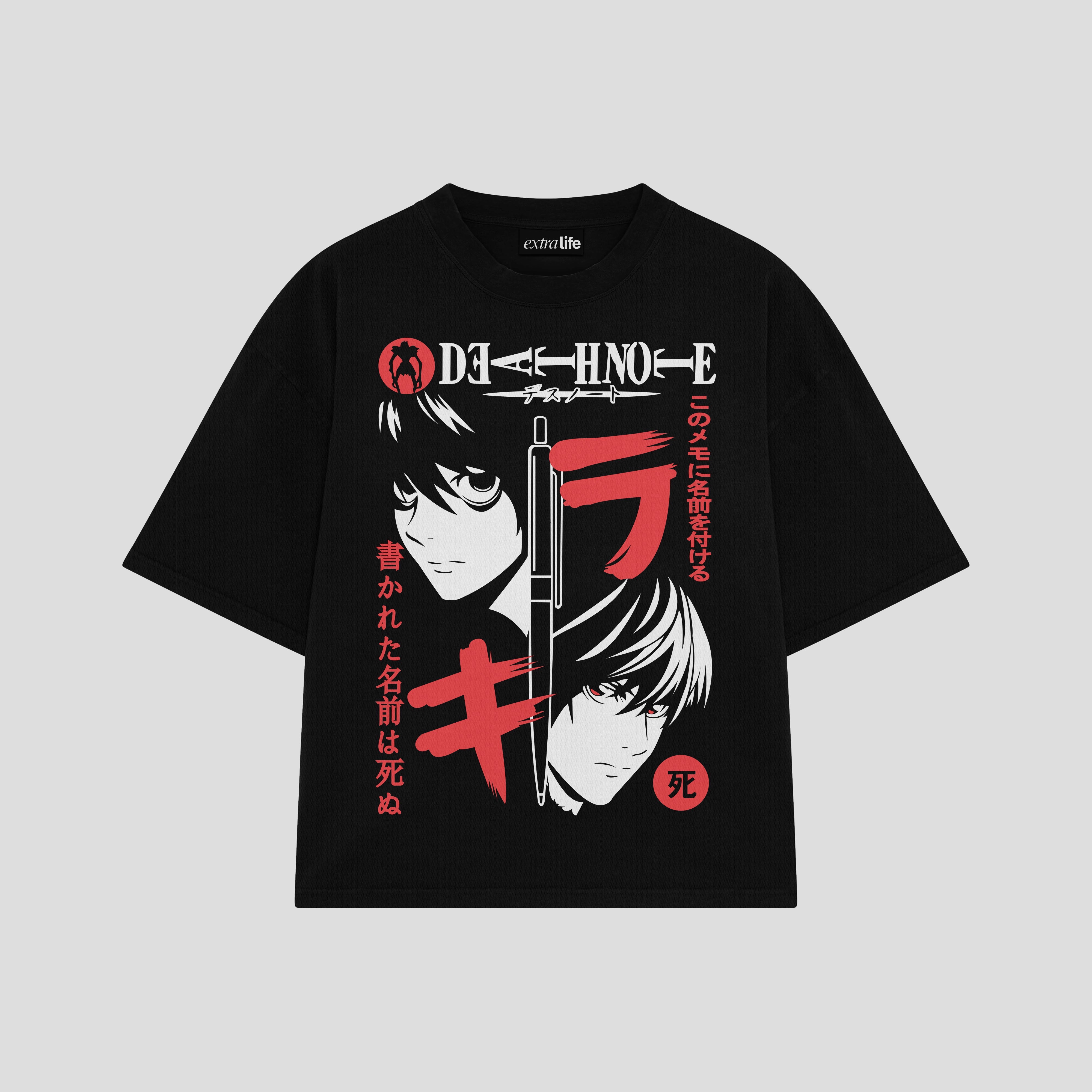 Playera streetwear premium de anime y gaming ExtraLife MX, corte boxy oversized drop shoulder heavyweight en color Deep Black y Off-White, moda urbana mexicana de culto.