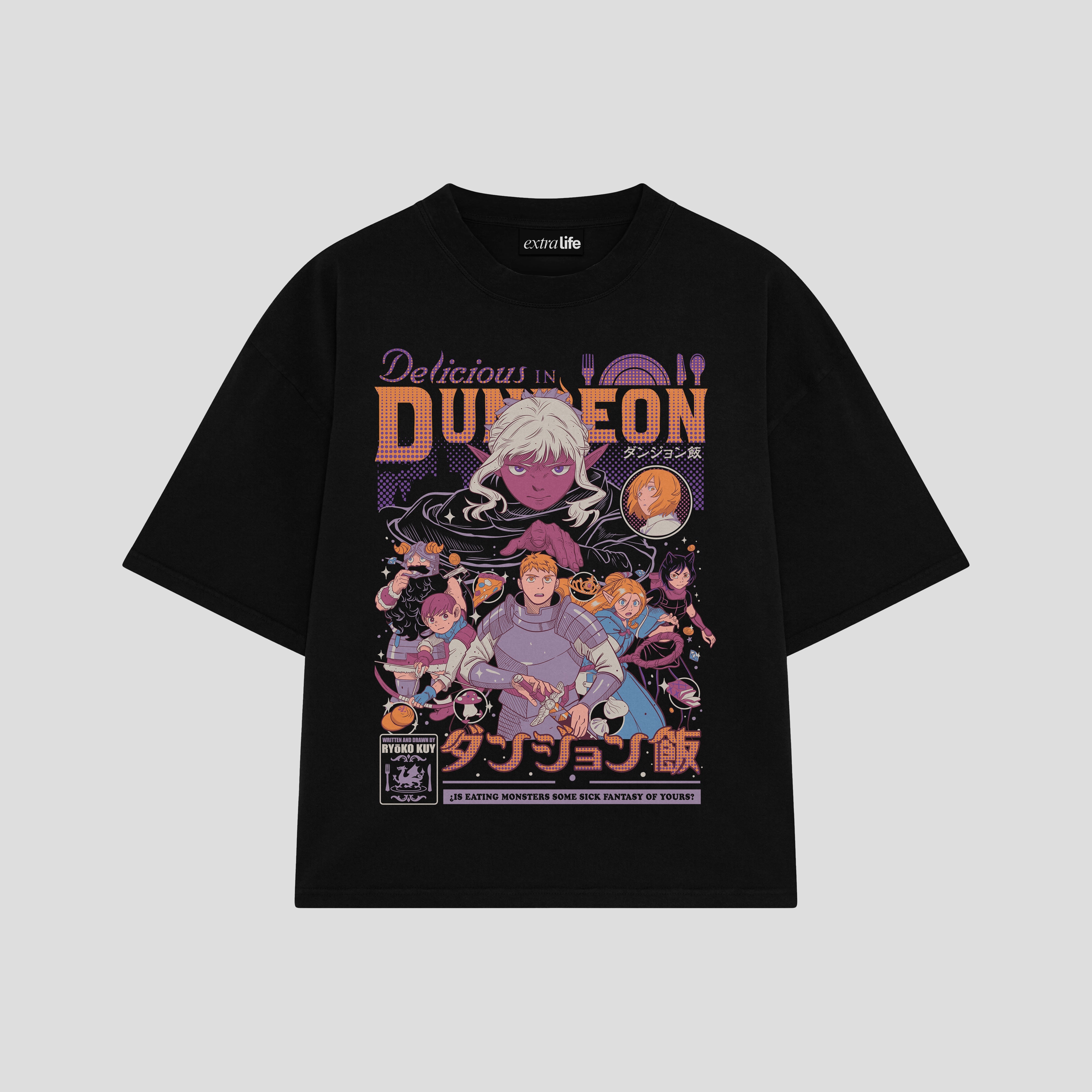 Playera streetwear premium de anime y gaming ExtraLife MX, corte boxy oversized drop shoulder heavyweight en color Deep Black y Off-White, moda urbana mexicana de culto.
