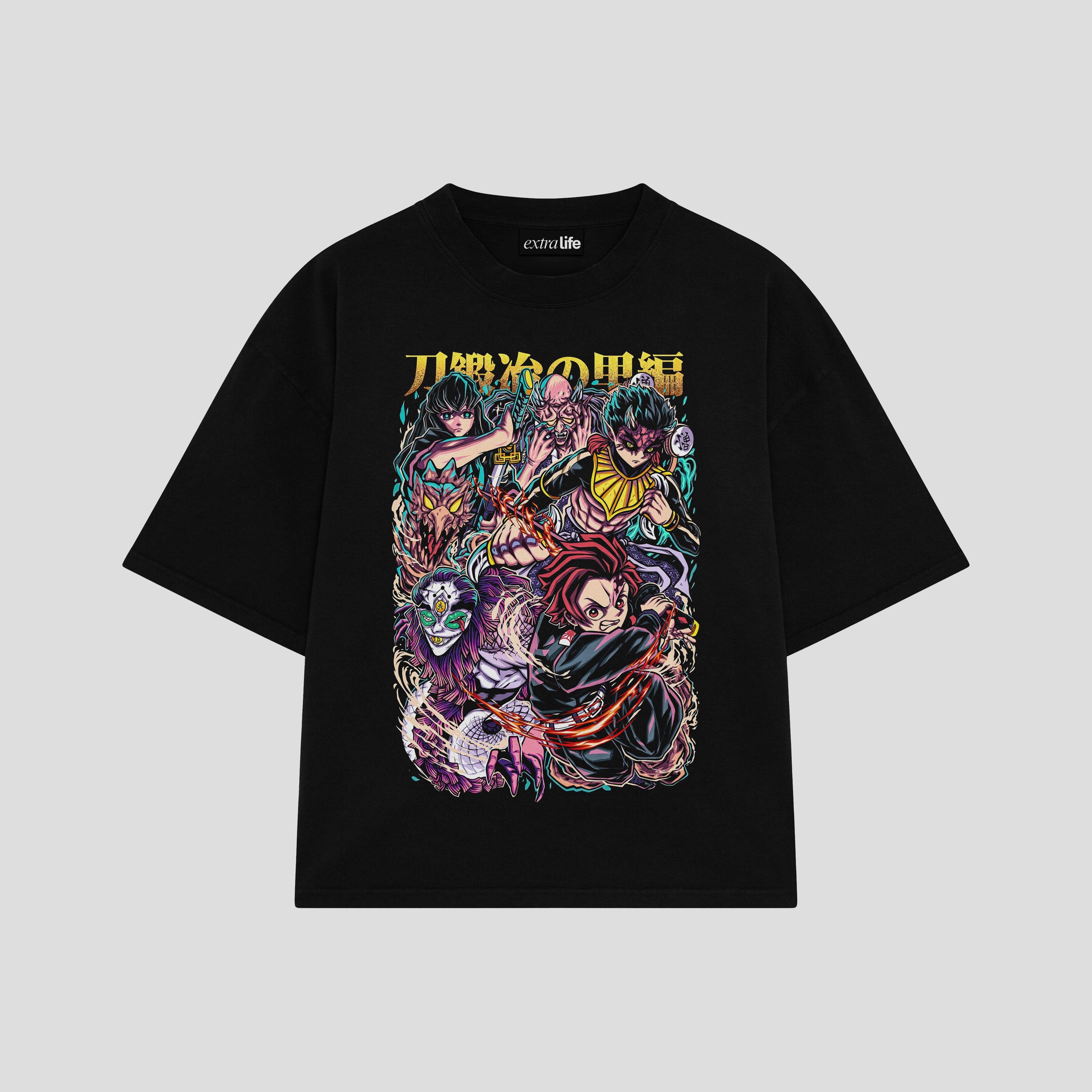 Playera streetwear premium de anime y gaming ExtraLife MX, corte boxy oversized drop shoulder heavyweight en color Deep Black y Off-White, moda urbana mexicana de culto.