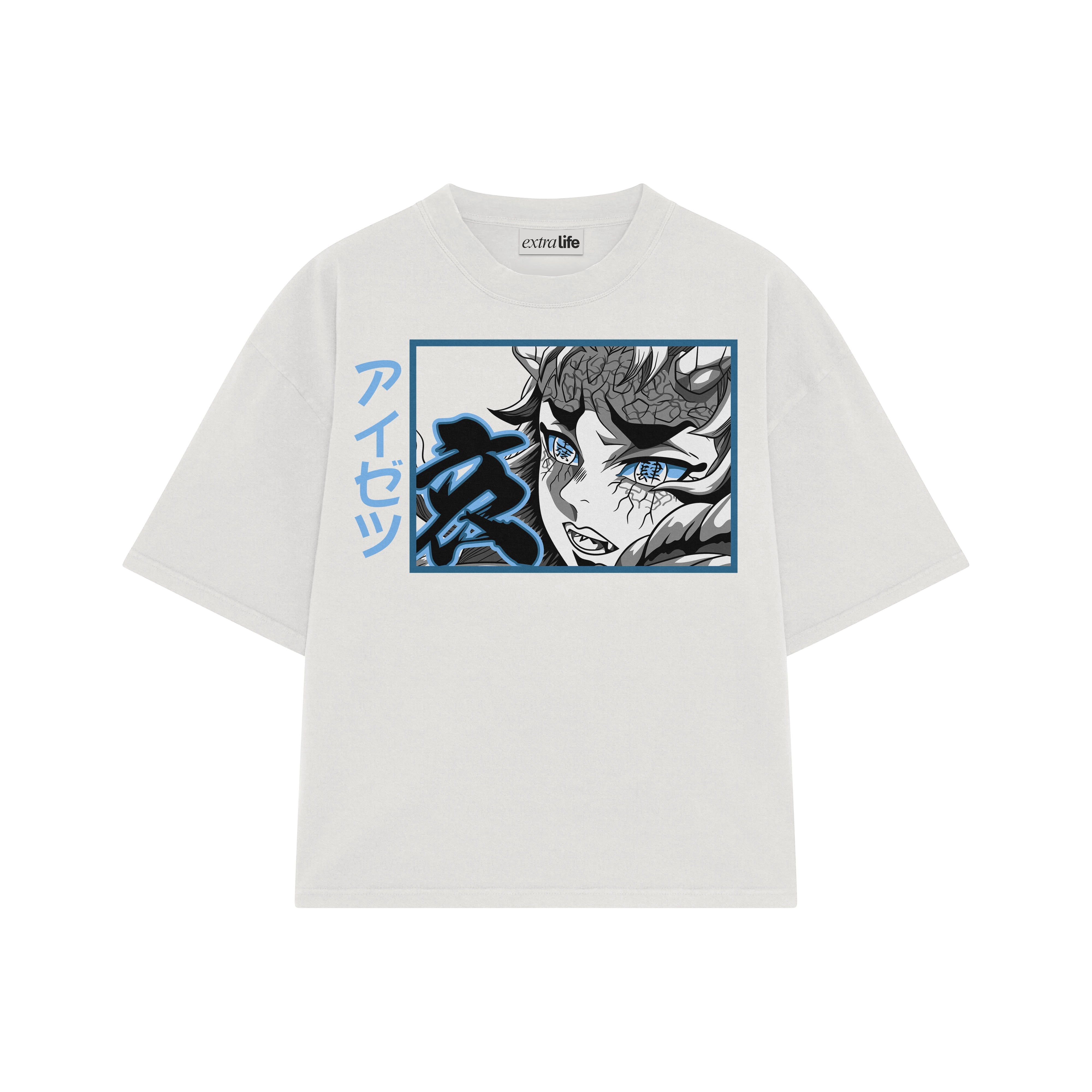 Playera streetwear premium de anime y gaming ExtraLife MX, corte boxy oversized drop shoulder heavyweight en color Deep Black y Off-White, moda urbana mexicana de culto.