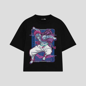 Playera streetwear premium de anime y gaming ExtraLife MX, corte boxy oversized drop shoulder heavyweight en color Deep Black y Off-White, moda urbana mexicana de culto.