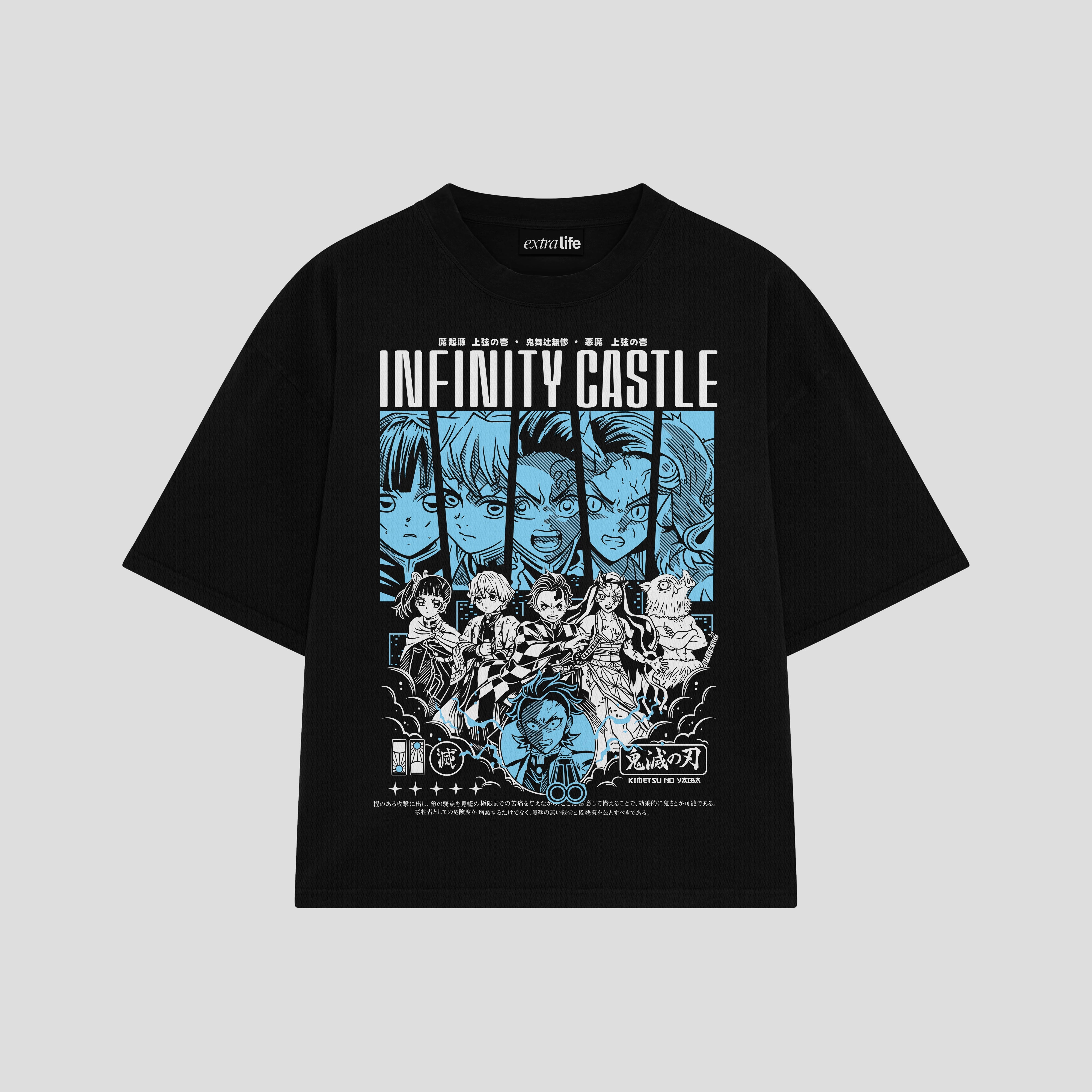 Playera streetwear premium de anime y gaming ExtraLife MX, corte boxy oversized drop shoulder heavyweight en color Deep Black y Off-White, moda urbana mexicana de culto.
