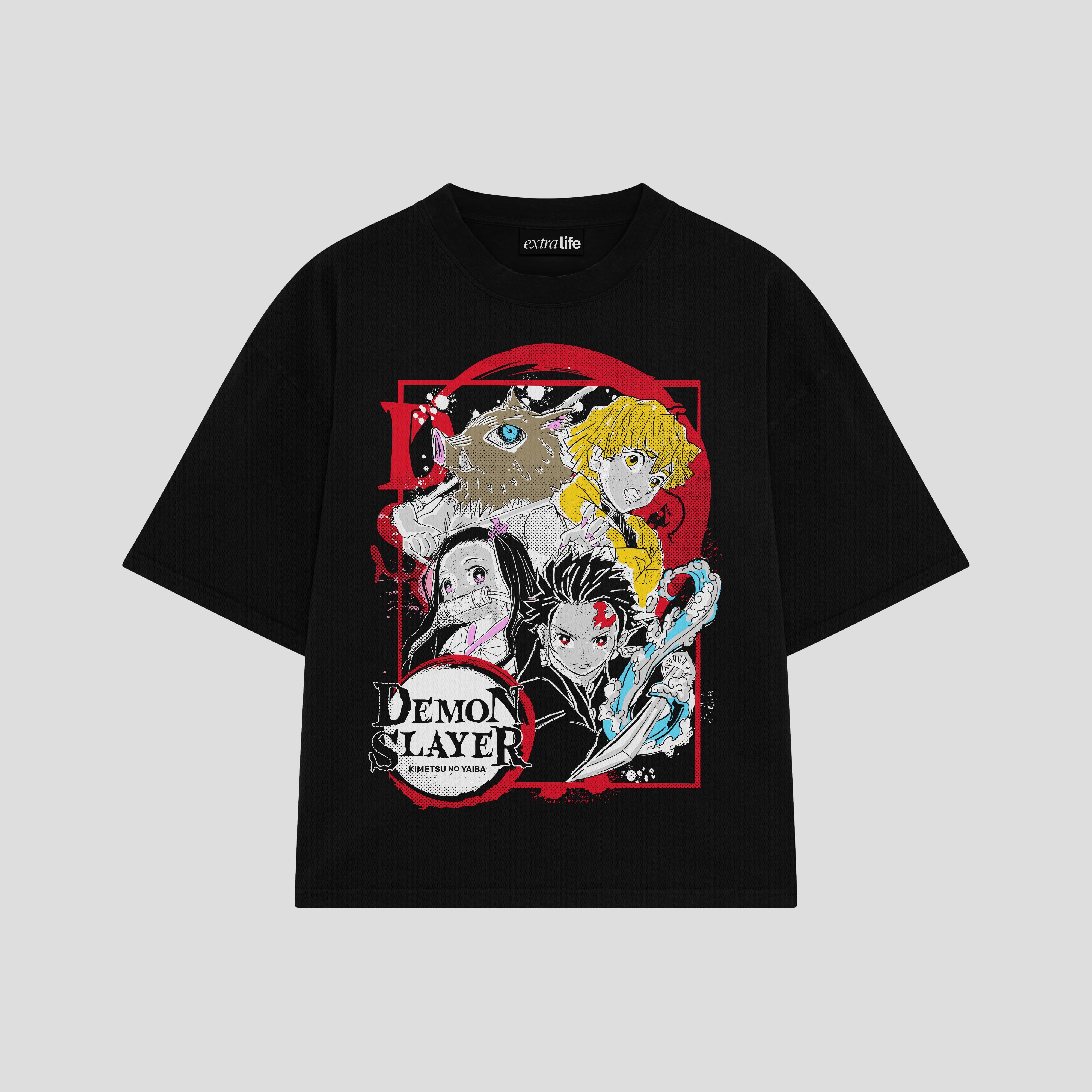 Playera streetwear premium de anime y gaming ExtraLife MX, corte boxy oversized drop shoulder heavyweight en color Deep Black y Off-White, moda urbana mexicana de culto.