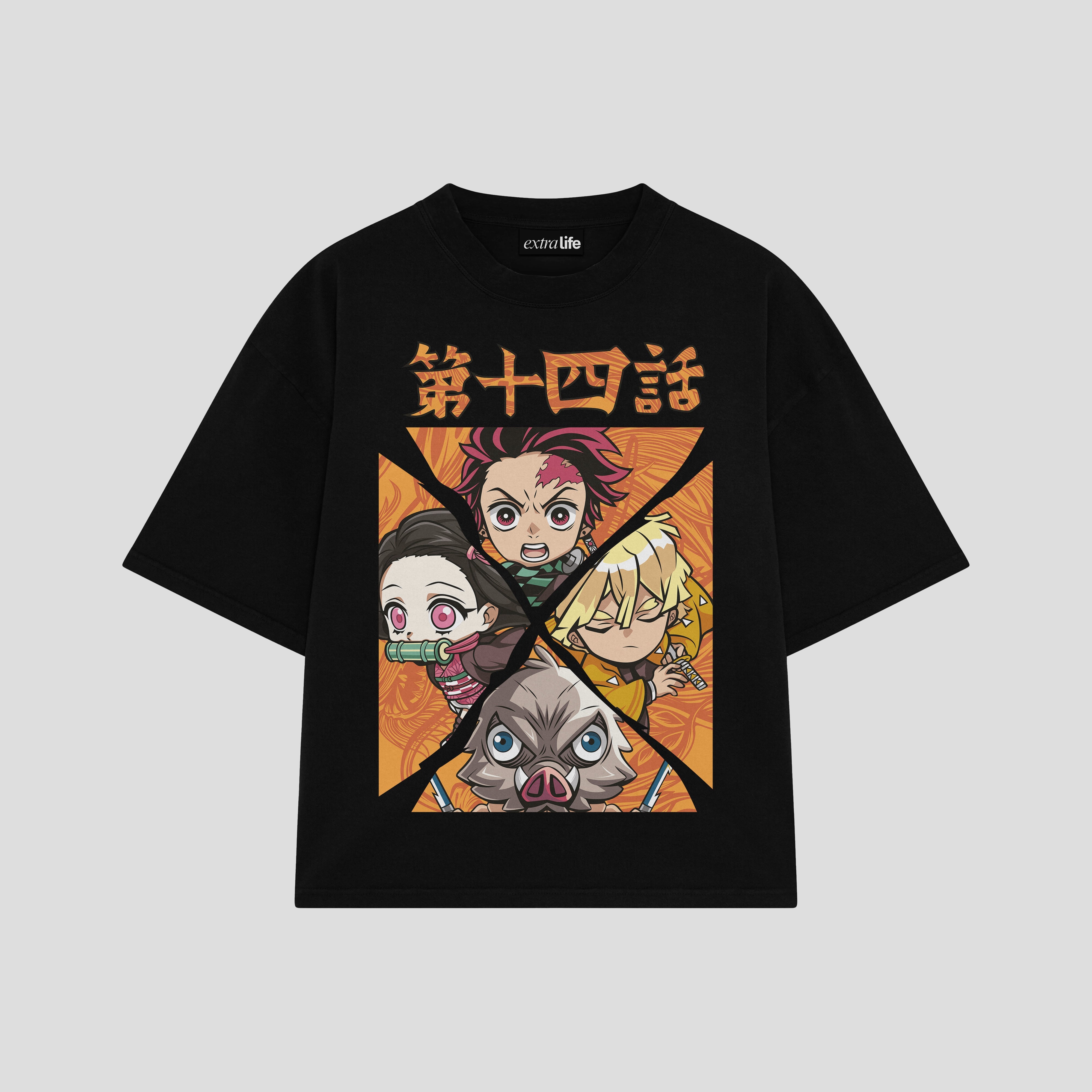 Playera streetwear premium de anime y gaming ExtraLife MX, corte boxy oversized drop shoulder heavyweight en color Deep Black y Off-White, moda urbana mexicana de culto.