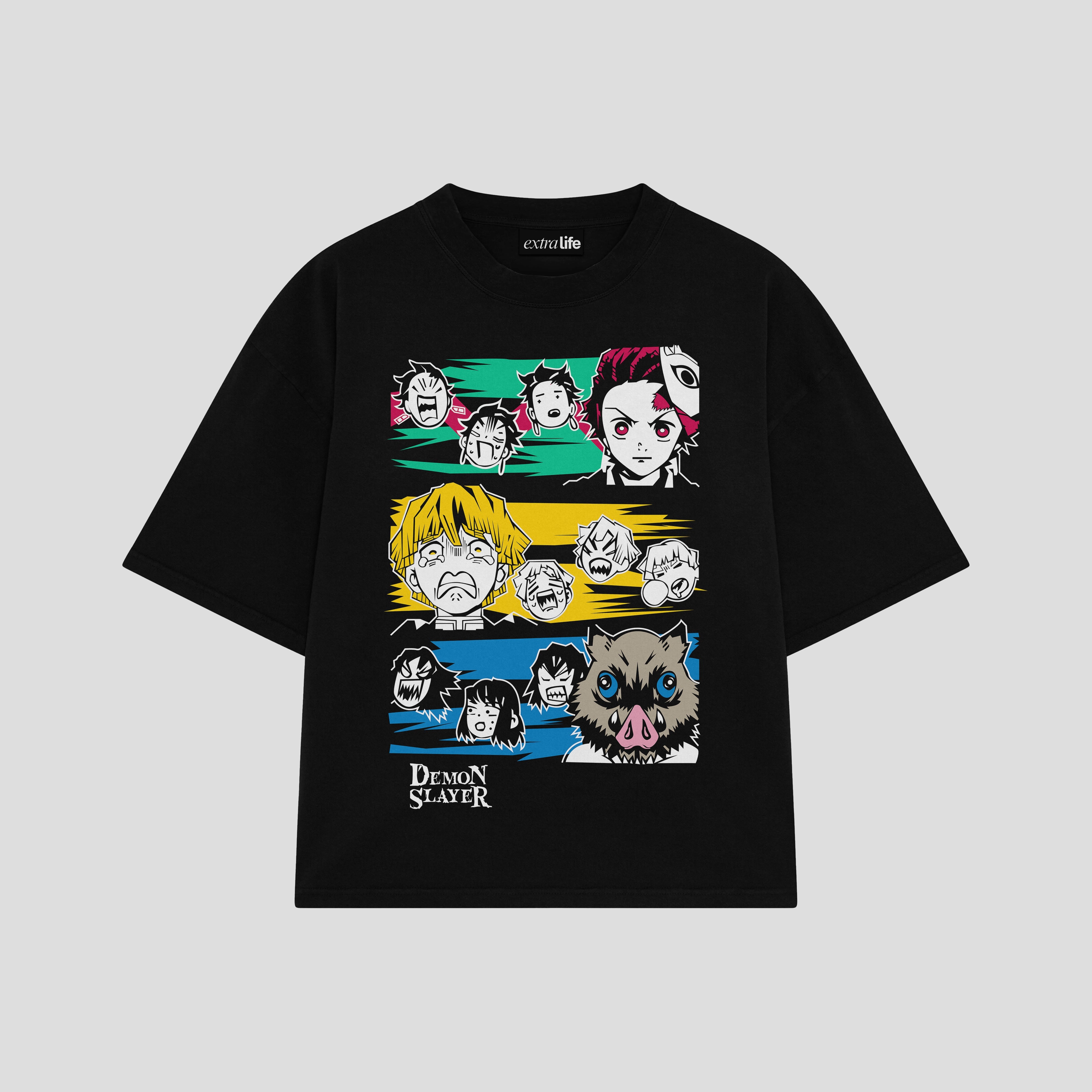Playera streetwear premium de anime y gaming ExtraLife MX, corte boxy oversized drop shoulder heavyweight en color Deep Black y Off-White, moda urbana mexicana de culto.