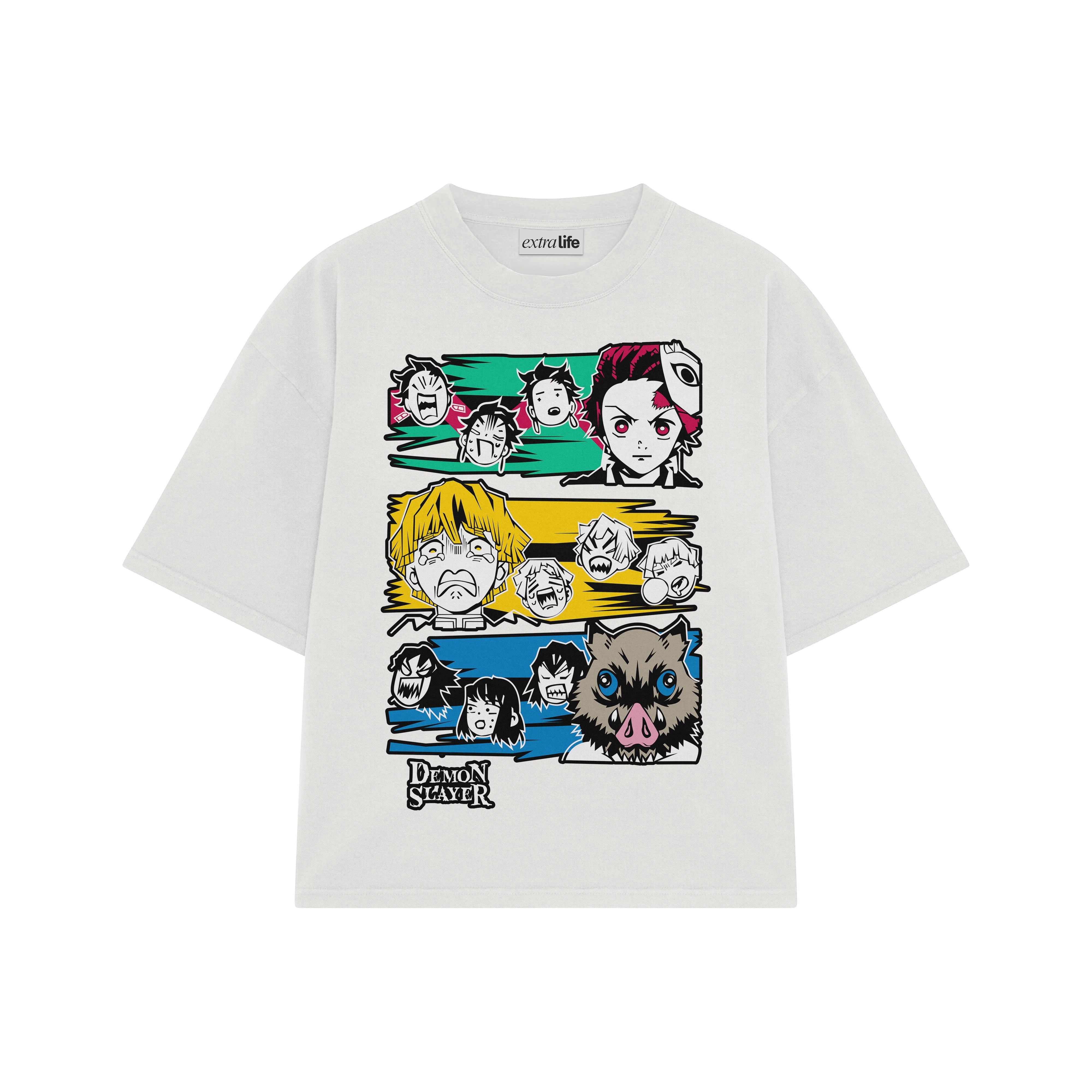 Playera streetwear premium de anime y gaming ExtraLife MX, corte boxy oversized drop shoulder heavyweight en color Deep Black y Off-White, moda urbana mexicana de culto.