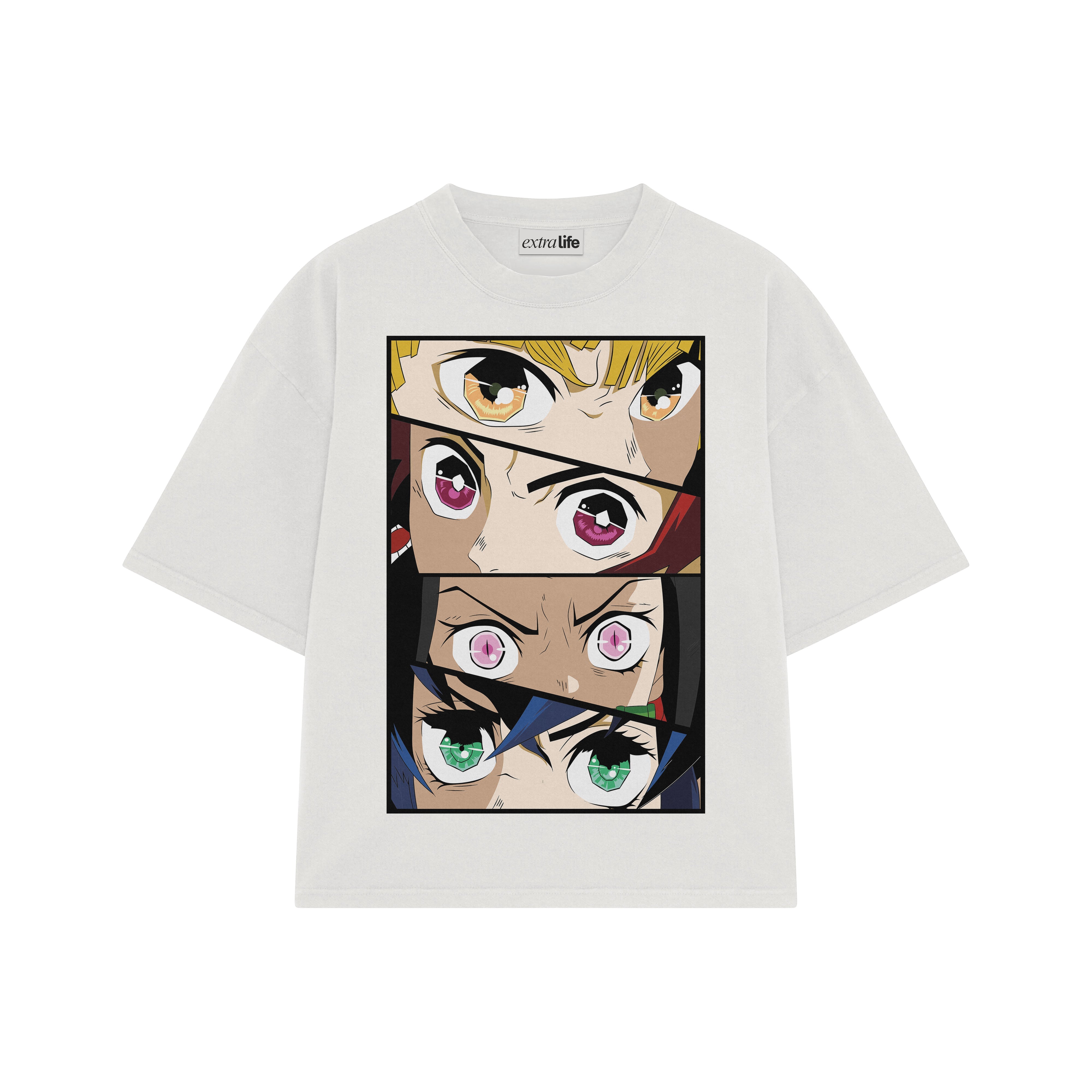 Playera streetwear premium de anime y gaming ExtraLife MX, corte boxy oversized drop shoulder heavyweight en color Deep Black y Off-White, moda urbana mexicana de culto.