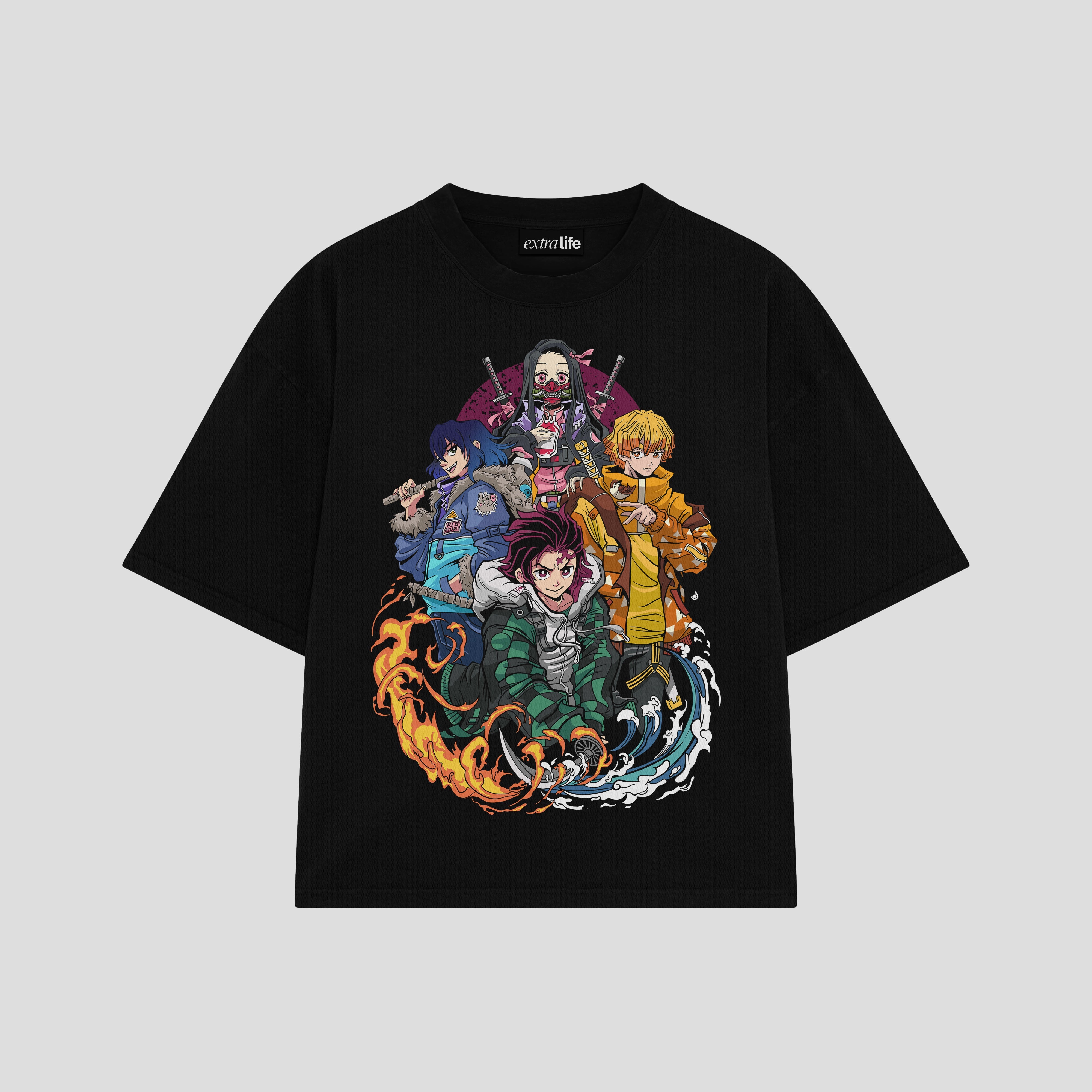 Playera streetwear premium de anime y gaming ExtraLife MX, corte boxy oversized drop shoulder heavyweight en color Deep Black y Off-White, moda urbana mexicana de culto.