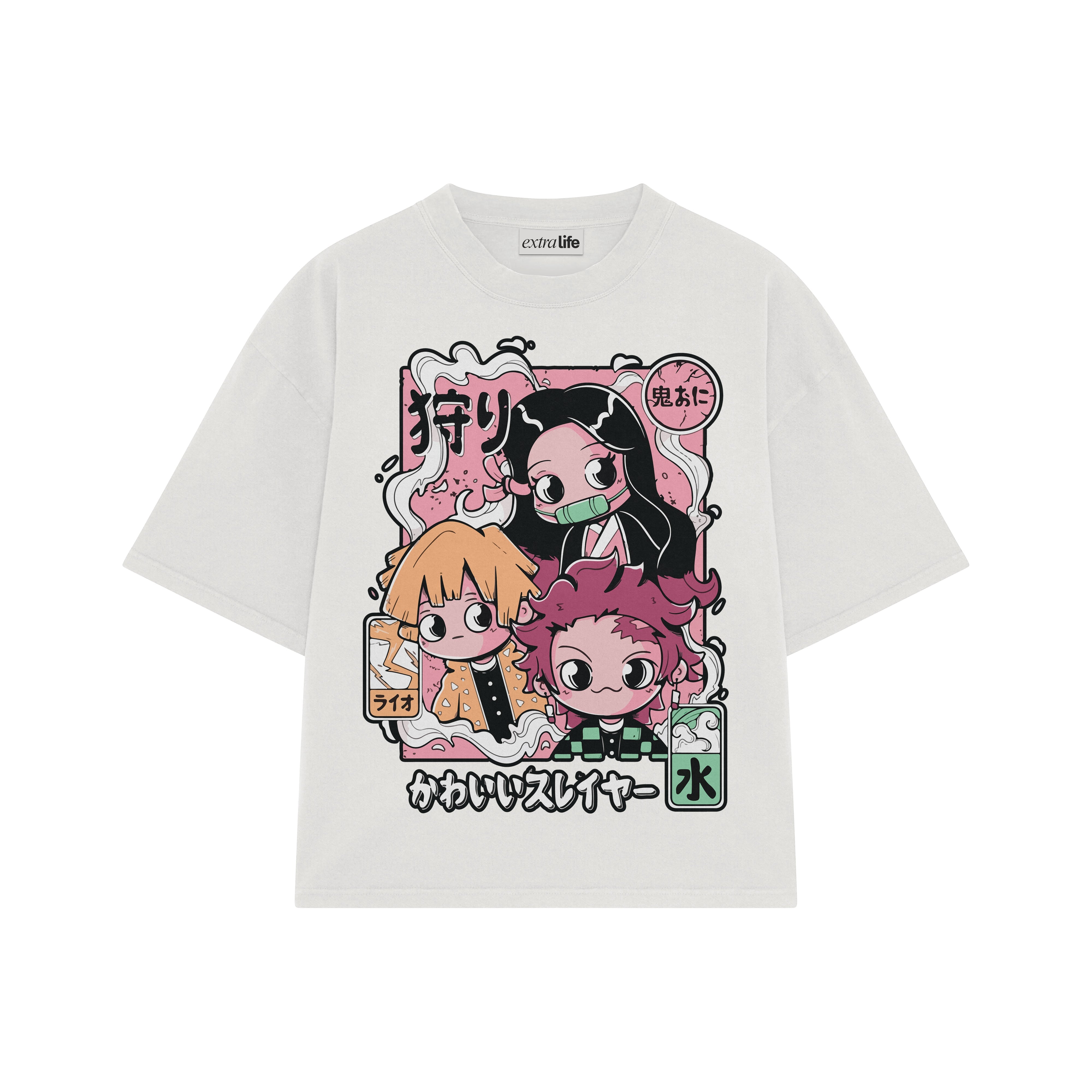 Playera streetwear premium de anime y gaming ExtraLife MX, corte boxy oversized drop shoulder heavyweight en color Deep Black y Off-White, moda urbana mexicana de culto.