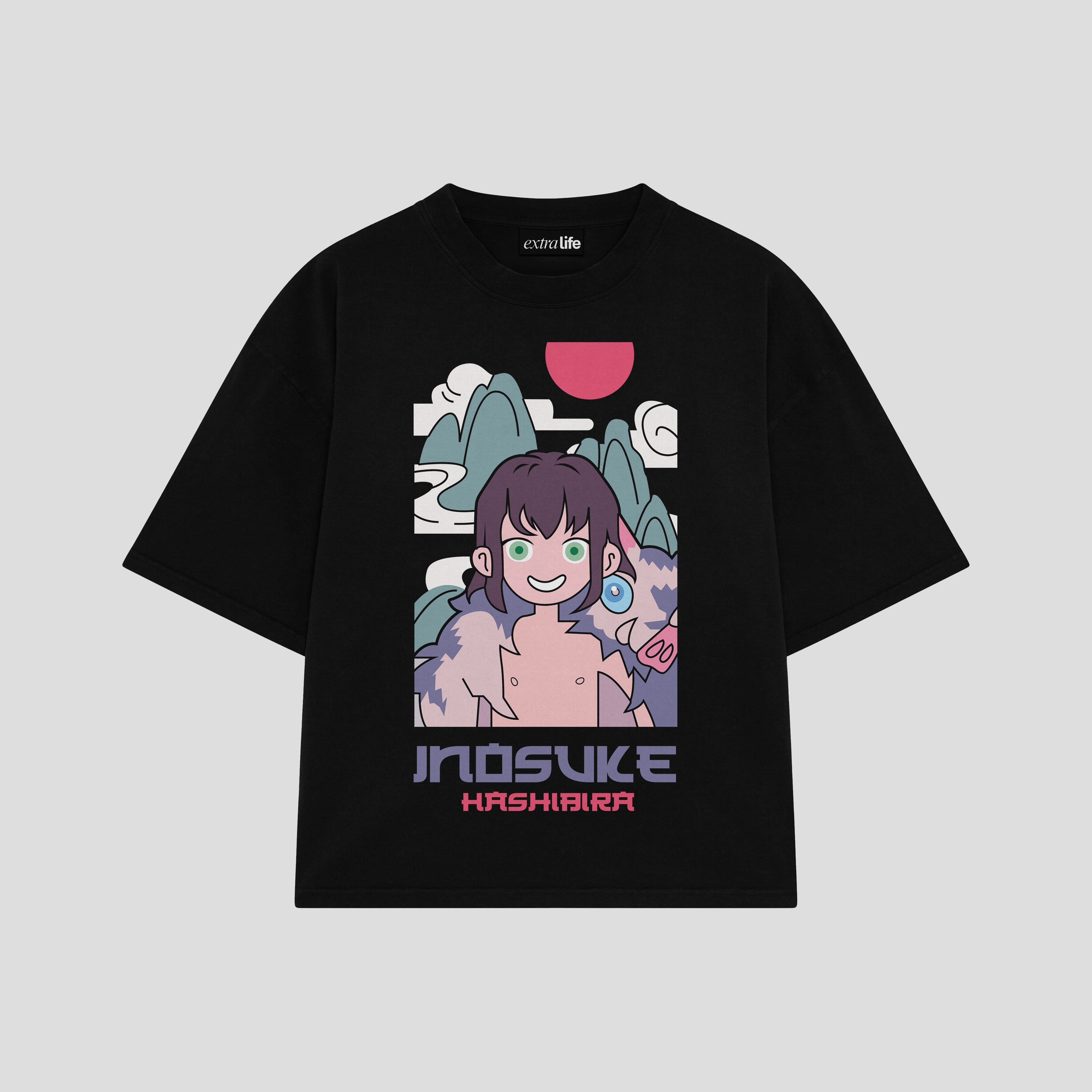 Playera streetwear premium de anime y gaming ExtraLife MX, corte boxy oversized drop shoulder heavyweight en color Deep Black y Off-White, moda urbana mexicana de culto.