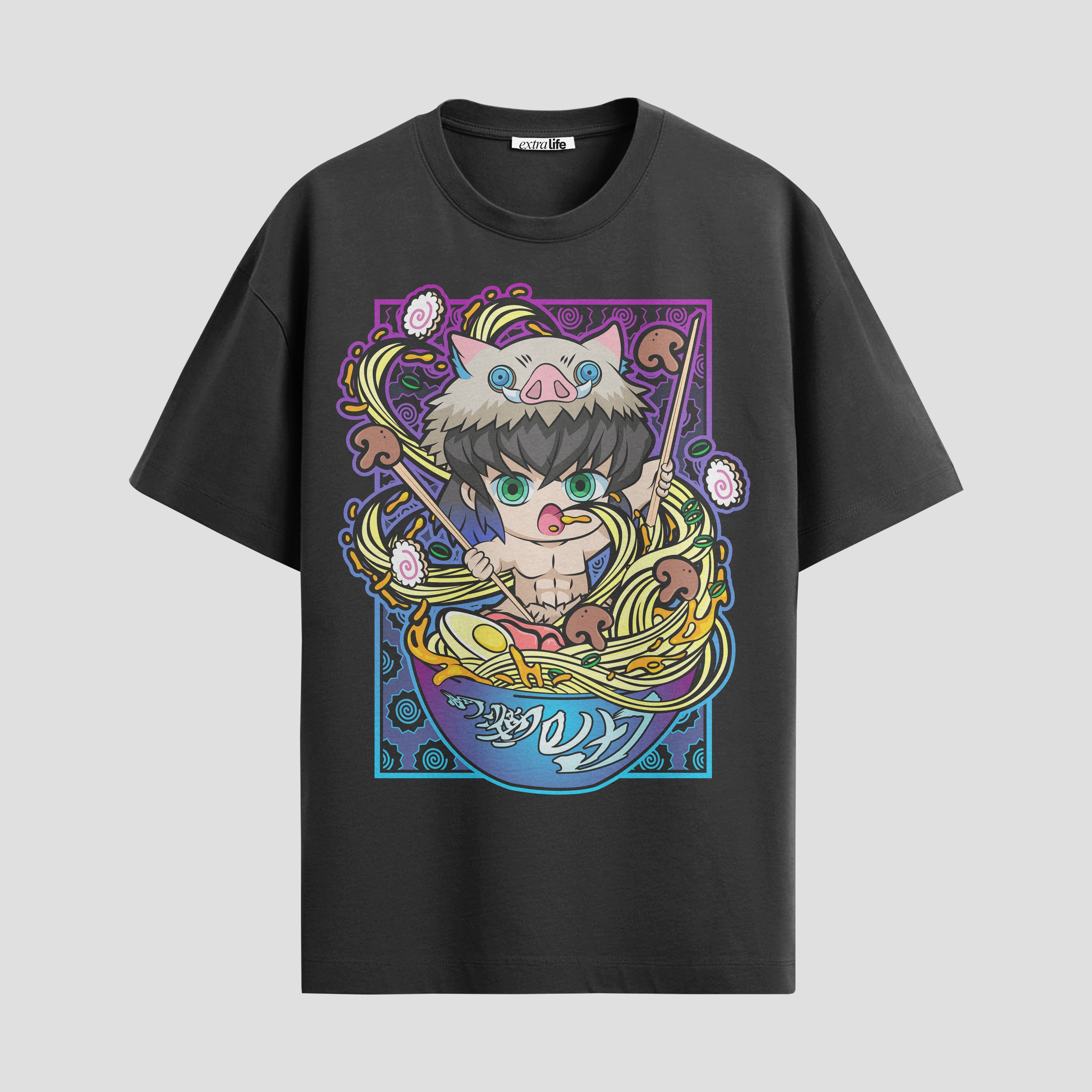 Playera urbana de anime y gaming ExtraLife MX, corte Standard Fit unisex ligero y transpirable en color Deep Black y Pure White, ropa de uso diario para gym y casual.