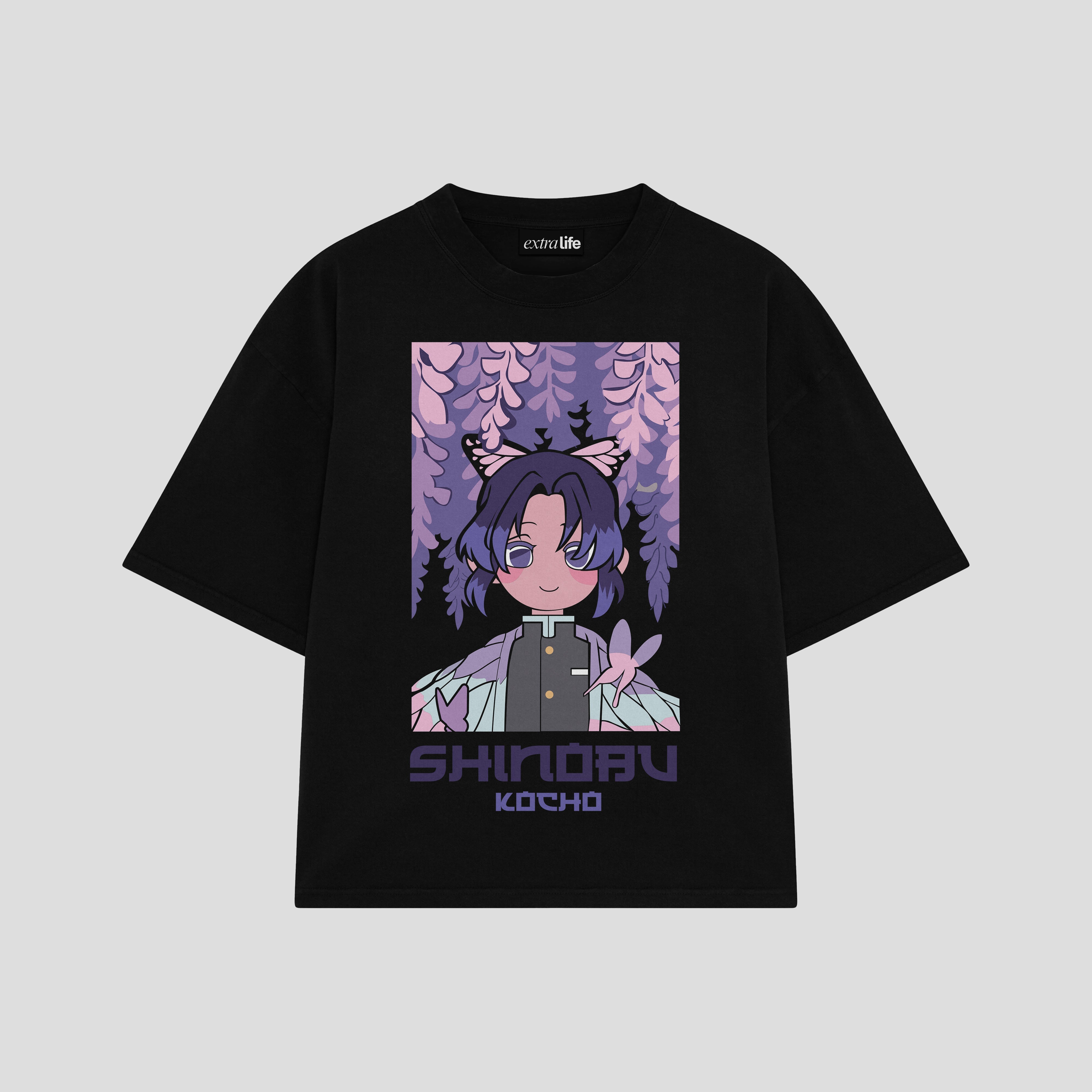 Playera streetwear premium de anime y gaming ExtraLife MX, corte boxy oversized drop shoulder heavyweight en color Deep Black y Off-White, moda urbana mexicana de culto.