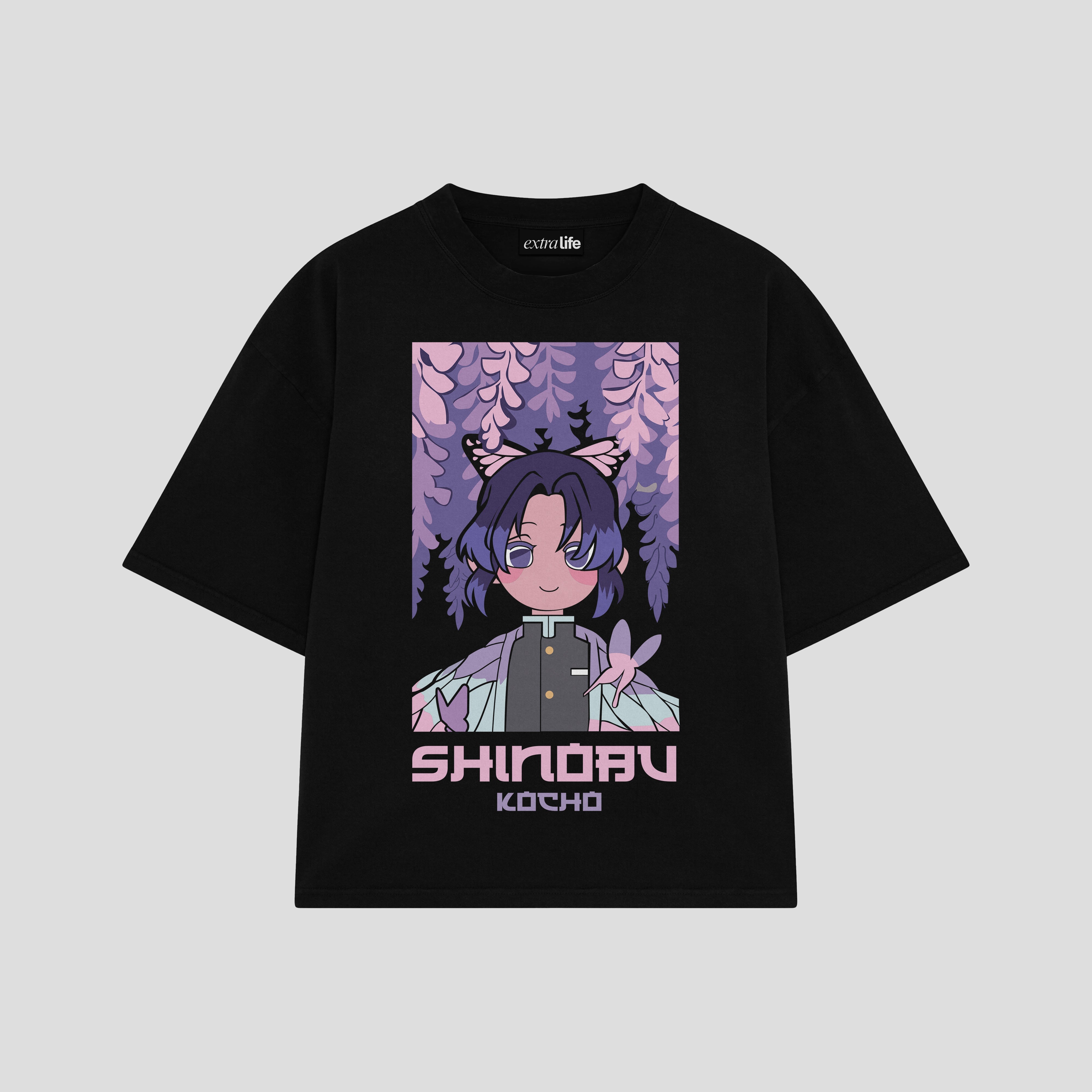 Playera streetwear premium de anime y gaming ExtraLife MX, corte boxy oversized drop shoulder heavyweight en color Deep Black y Off-White, moda urbana mexicana de culto.