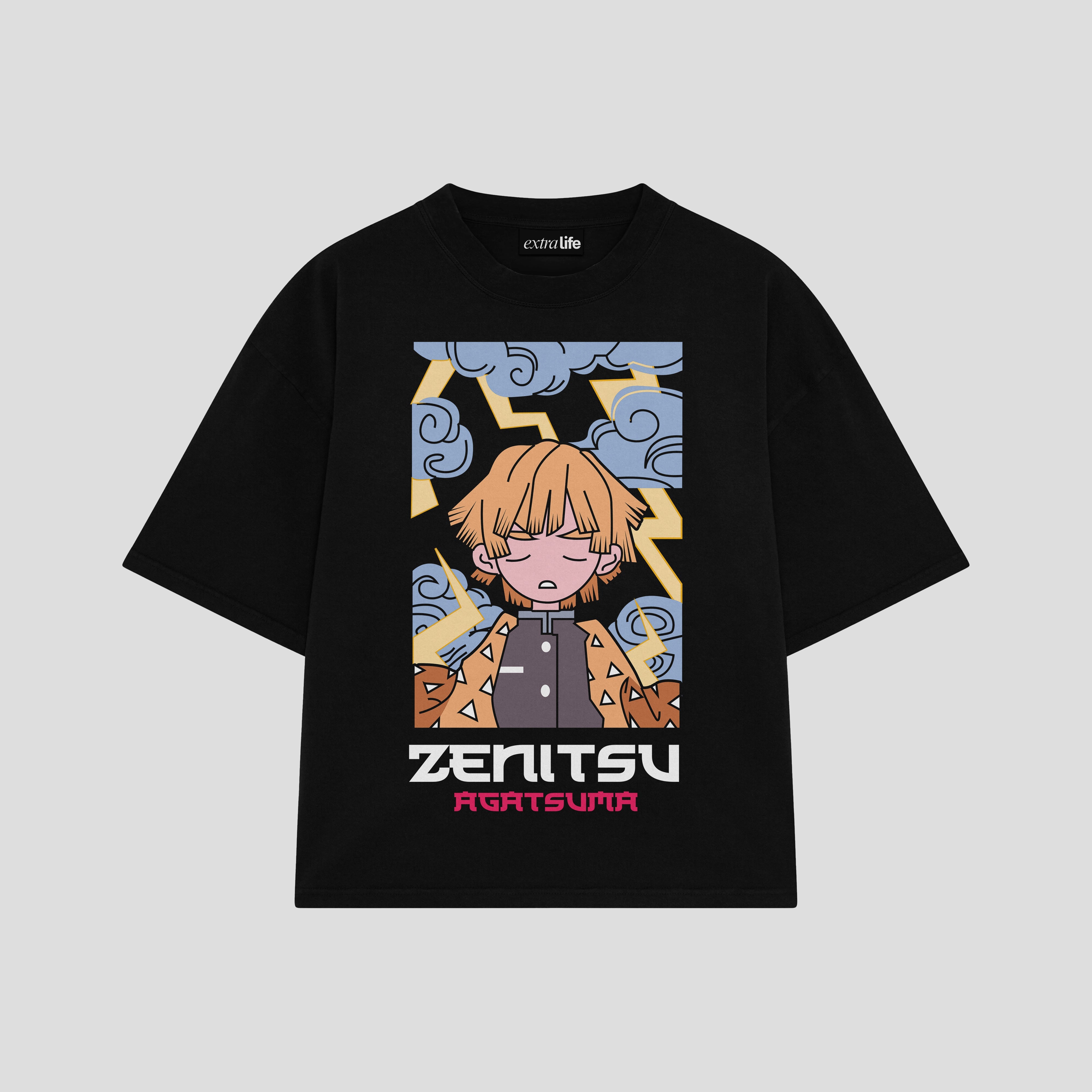 Playera streetwear premium de anime y gaming ExtraLife MX, corte boxy oversized drop shoulder heavyweight en color Deep Black y Off-White, moda urbana mexicana de culto.