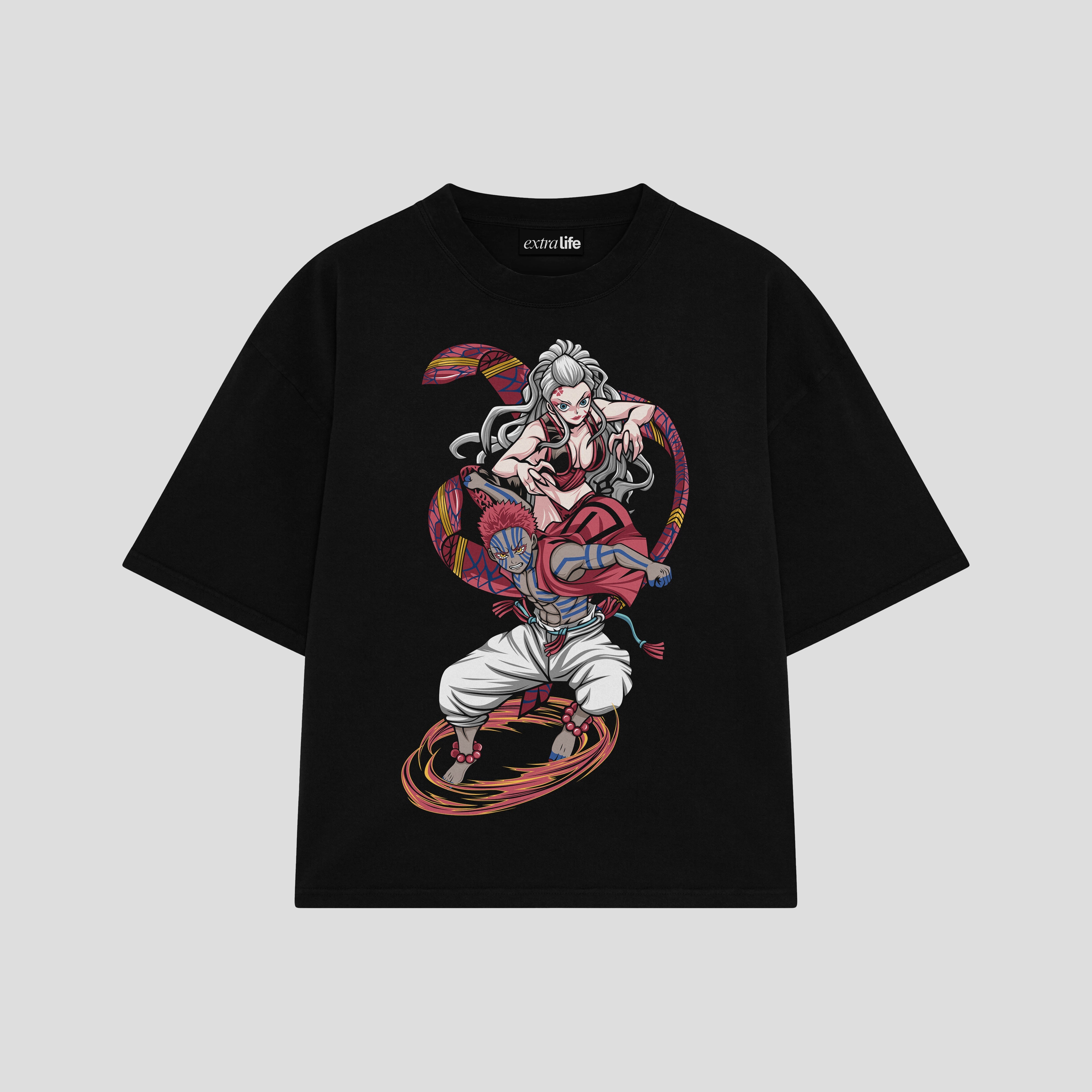 Playera streetwear premium de anime y gaming ExtraLife MX, corte boxy oversized drop shoulder heavyweight en color Deep Black y Off-White, moda urbana mexicana de culto.