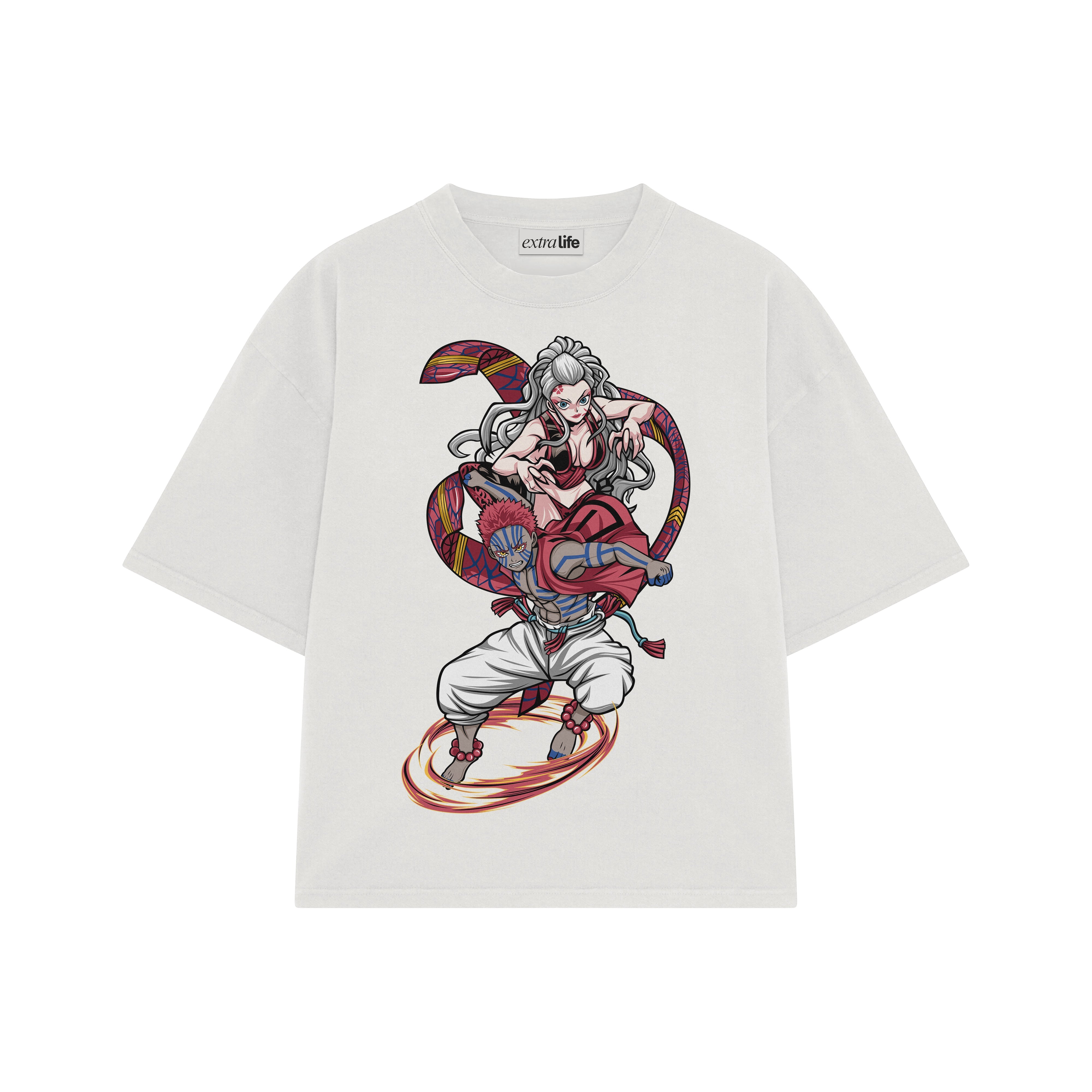 Playera streetwear premium de anime y gaming ExtraLife MX, corte boxy oversized drop shoulder heavyweight en color Deep Black y Off-White, moda urbana mexicana de culto.