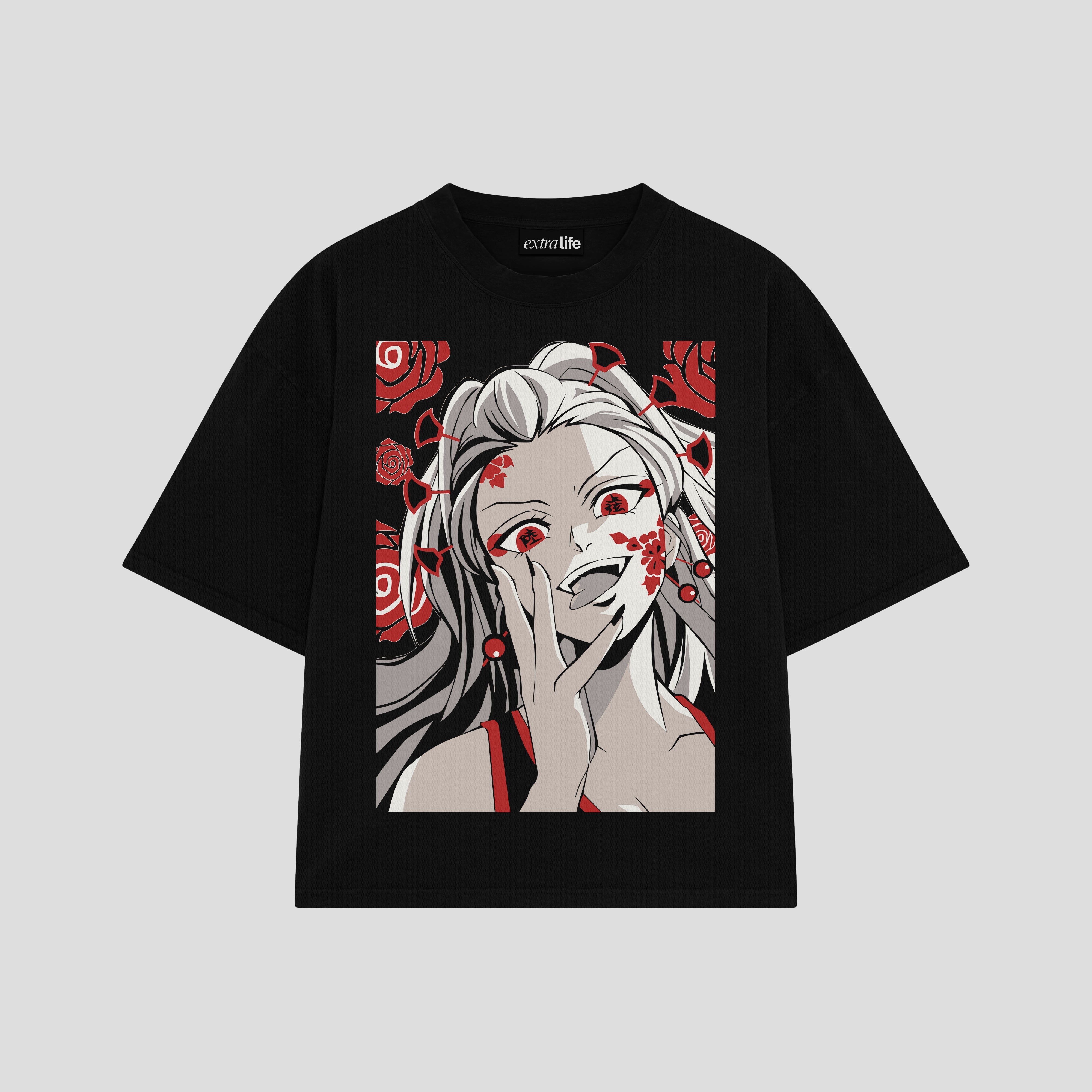 Playera streetwear premium de anime y gaming ExtraLife MX, corte boxy oversized drop shoulder heavyweight en color Deep Black y Off-White, moda urbana mexicana de culto.