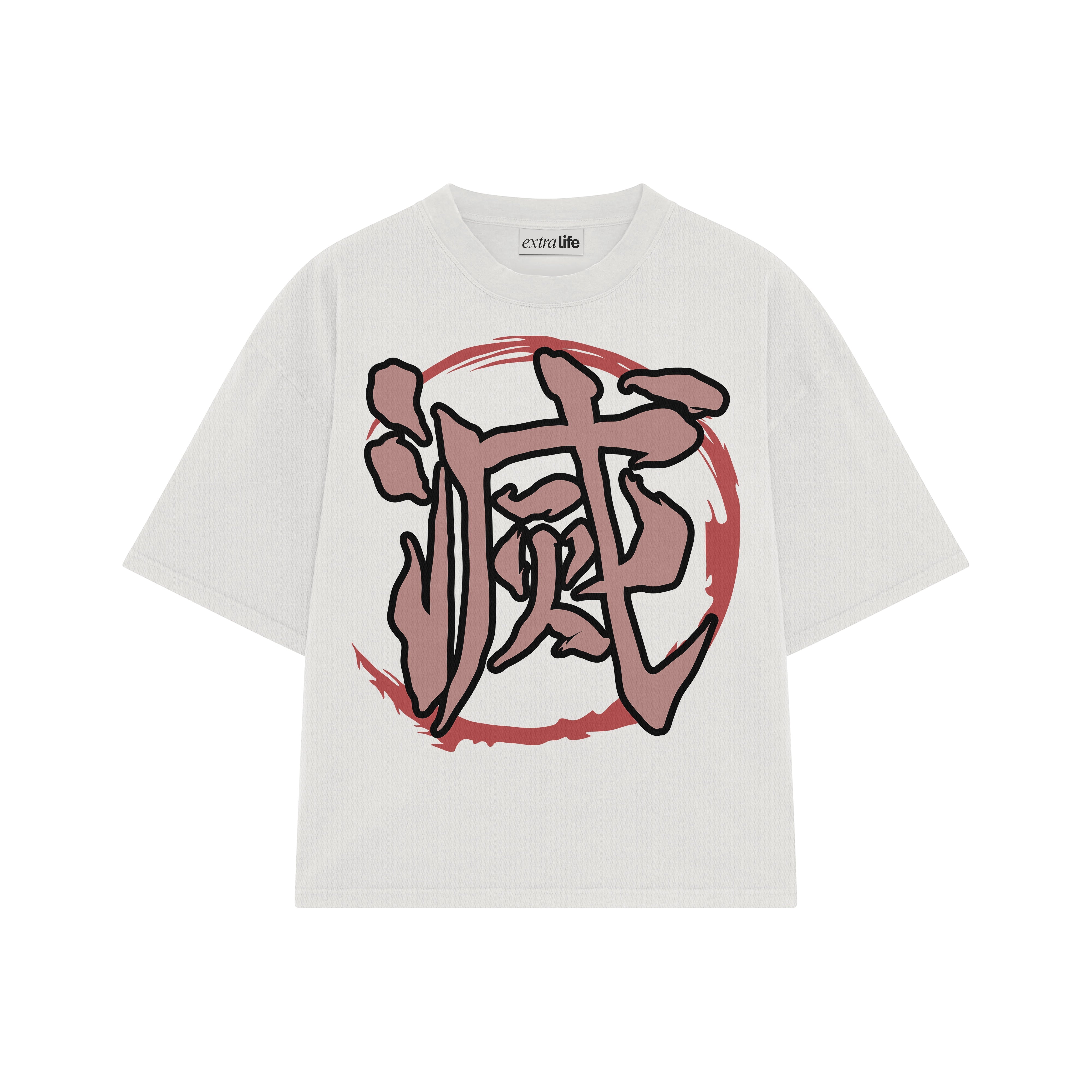 Playera streetwear premium de anime y gaming ExtraLife MX, corte boxy oversized drop shoulder heavyweight en color Deep Black y Off-White, moda urbana mexicana de culto.