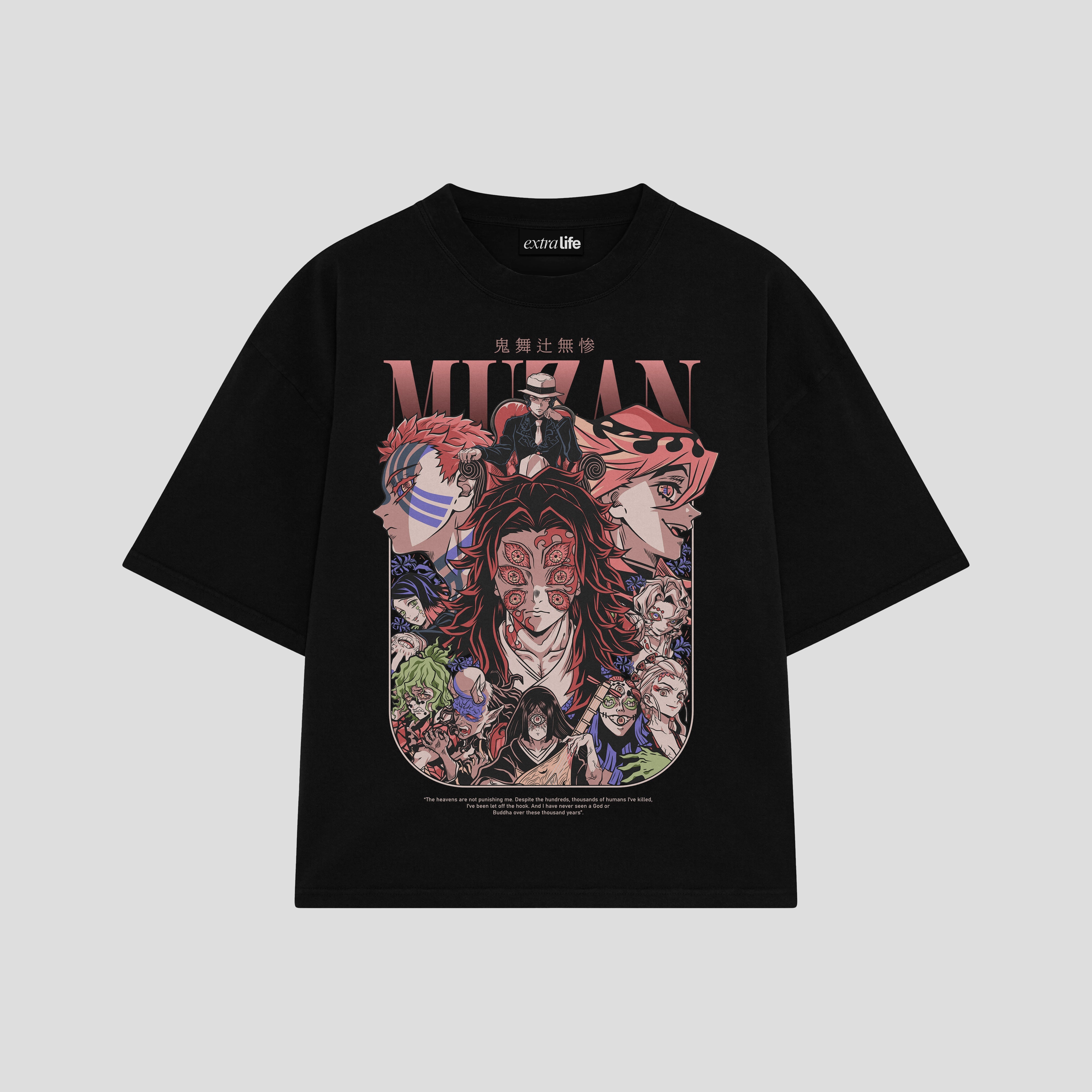 Playera streetwear premium de anime y gaming ExtraLife MX, corte boxy oversized drop shoulder heavyweight en color Deep Black y Off-White, moda urbana mexicana de culto.