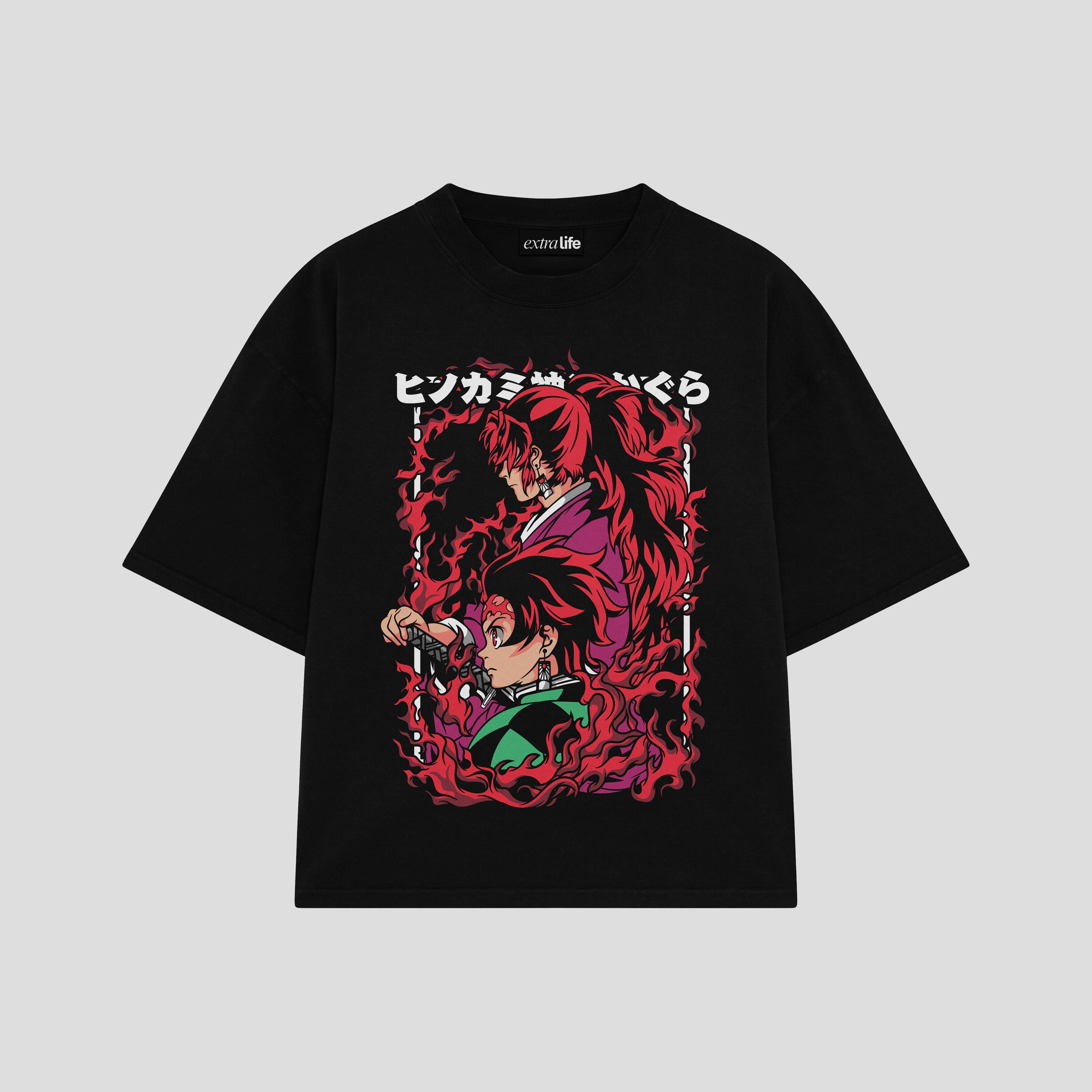 Playera streetwear premium de anime y gaming ExtraLife MX, corte boxy oversized drop shoulder heavyweight en color Deep Black y Off-White, moda urbana mexicana de culto.