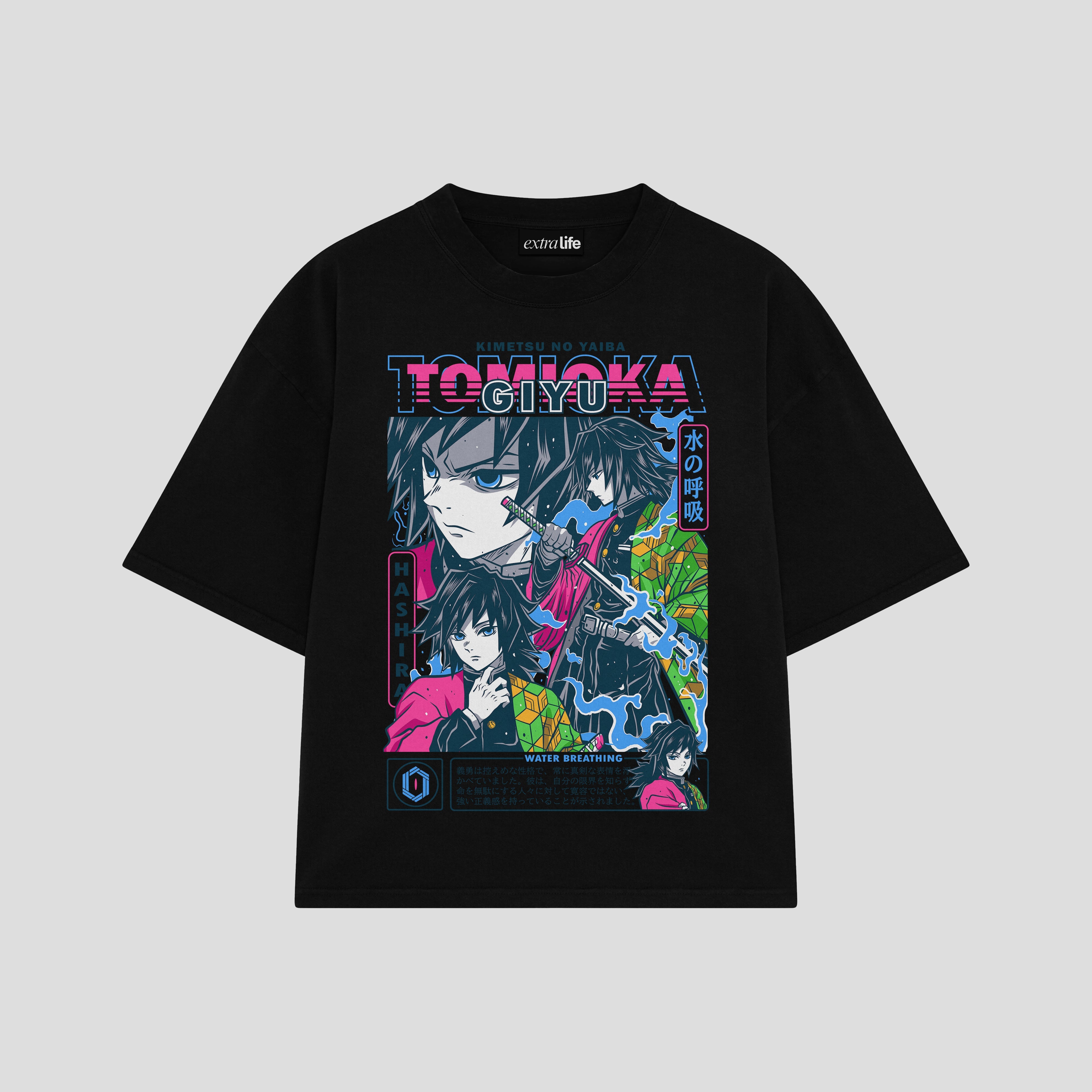 Playera streetwear premium de anime y gaming ExtraLife MX, corte boxy oversized drop shoulder heavyweight en color Deep Black y Off-White, moda urbana mexicana de culto.