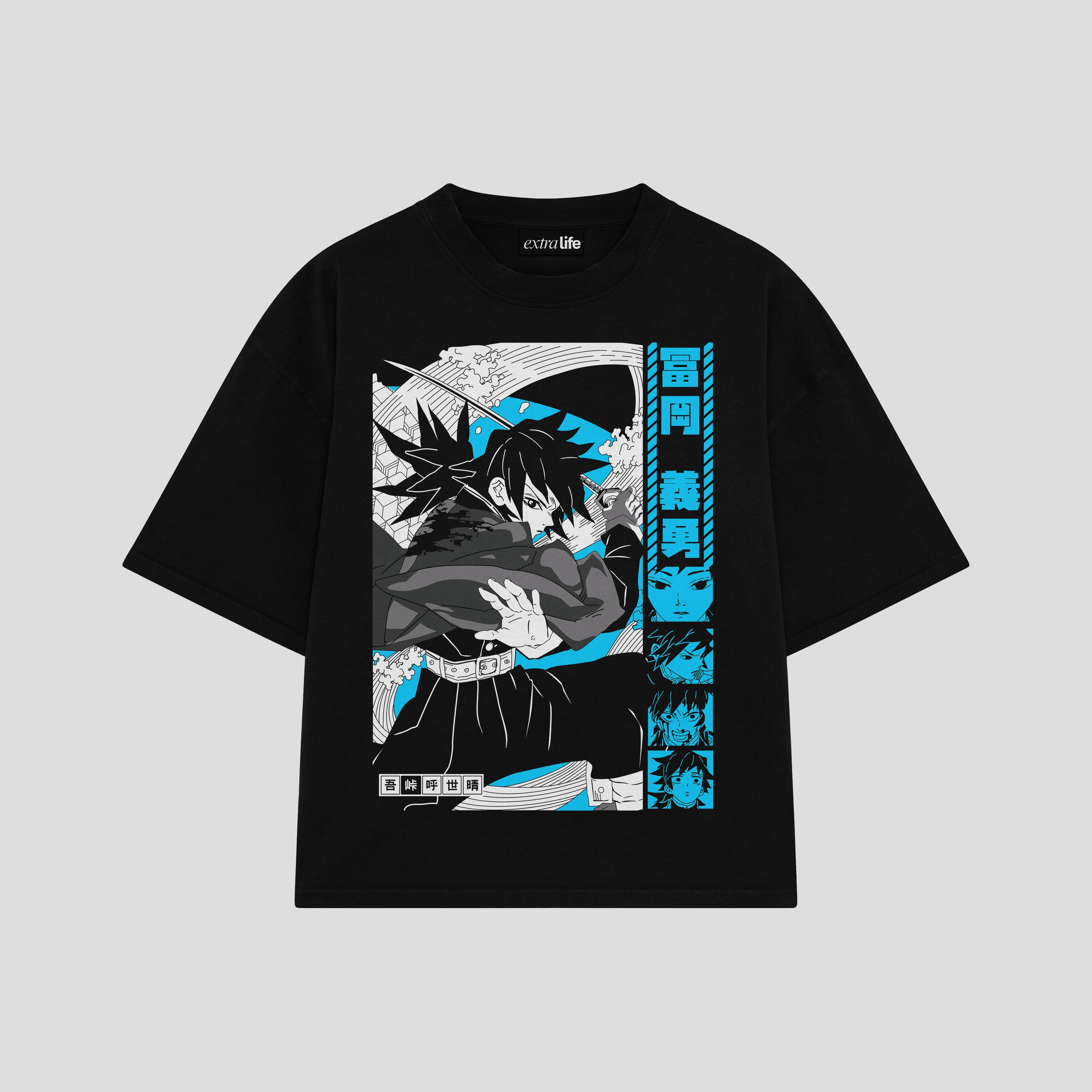 Playera streetwear premium de anime y gaming ExtraLife MX, corte boxy oversized drop shoulder heavyweight en color Deep Black y Off-White, moda urbana mexicana de culto.