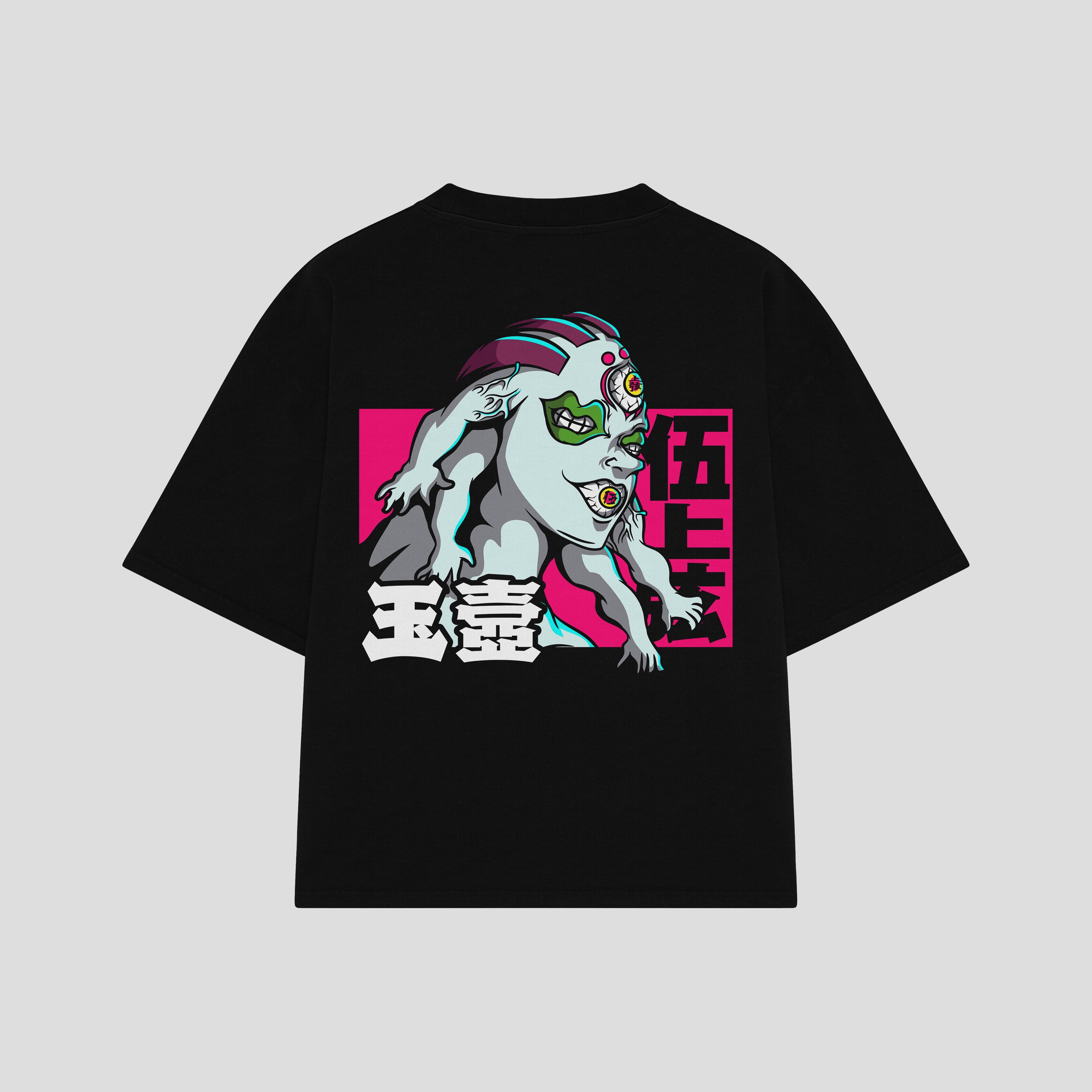 Playera streetwear premium de anime y gaming ExtraLife MX, corte boxy oversized drop shoulder heavyweight en color Deep Black y Off-White, moda urbana mexicana de culto.