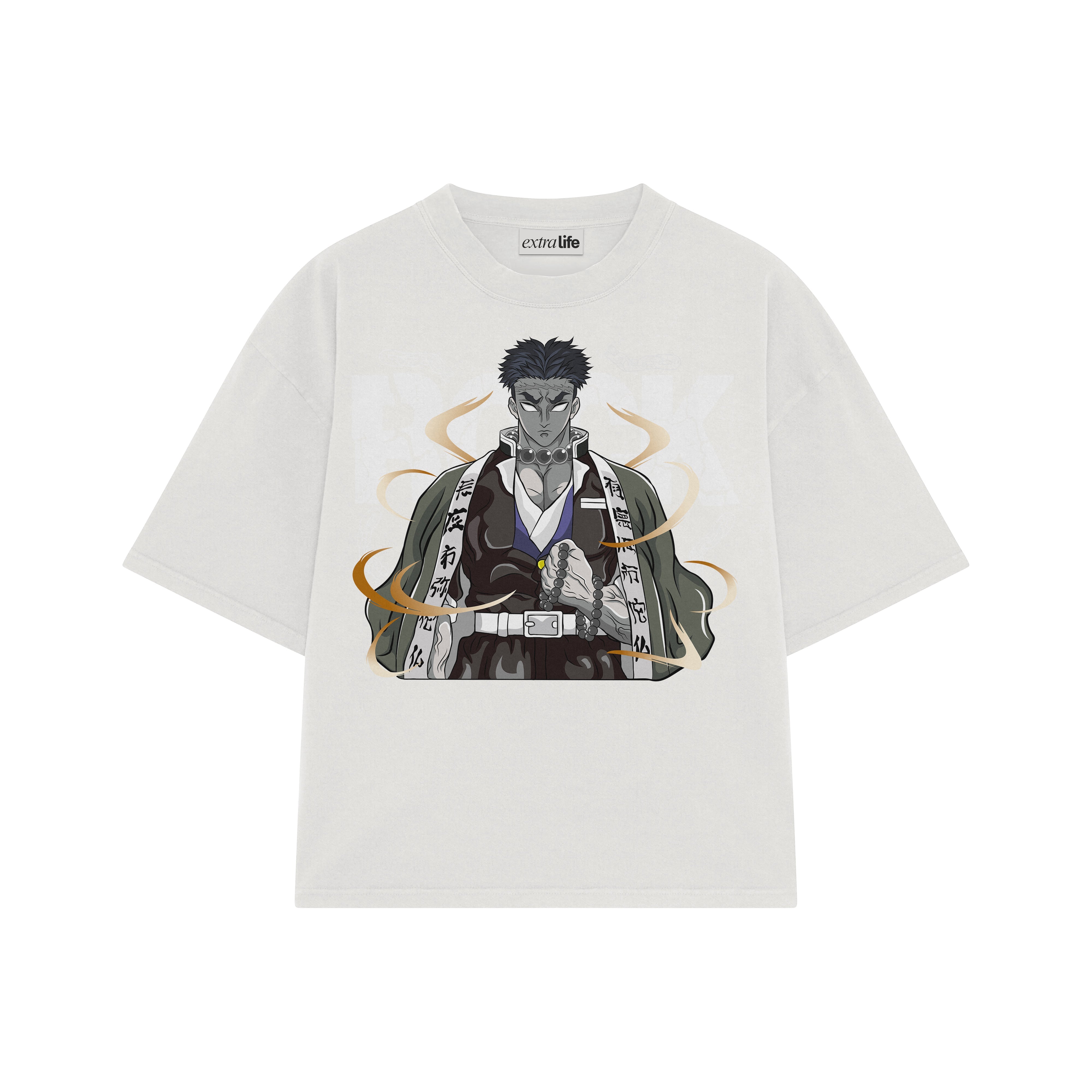 Playera streetwear premium de anime y gaming ExtraLife MX, corte boxy oversized drop shoulder heavyweight en color Deep Black y Off-White, moda urbana mexicana de culto.