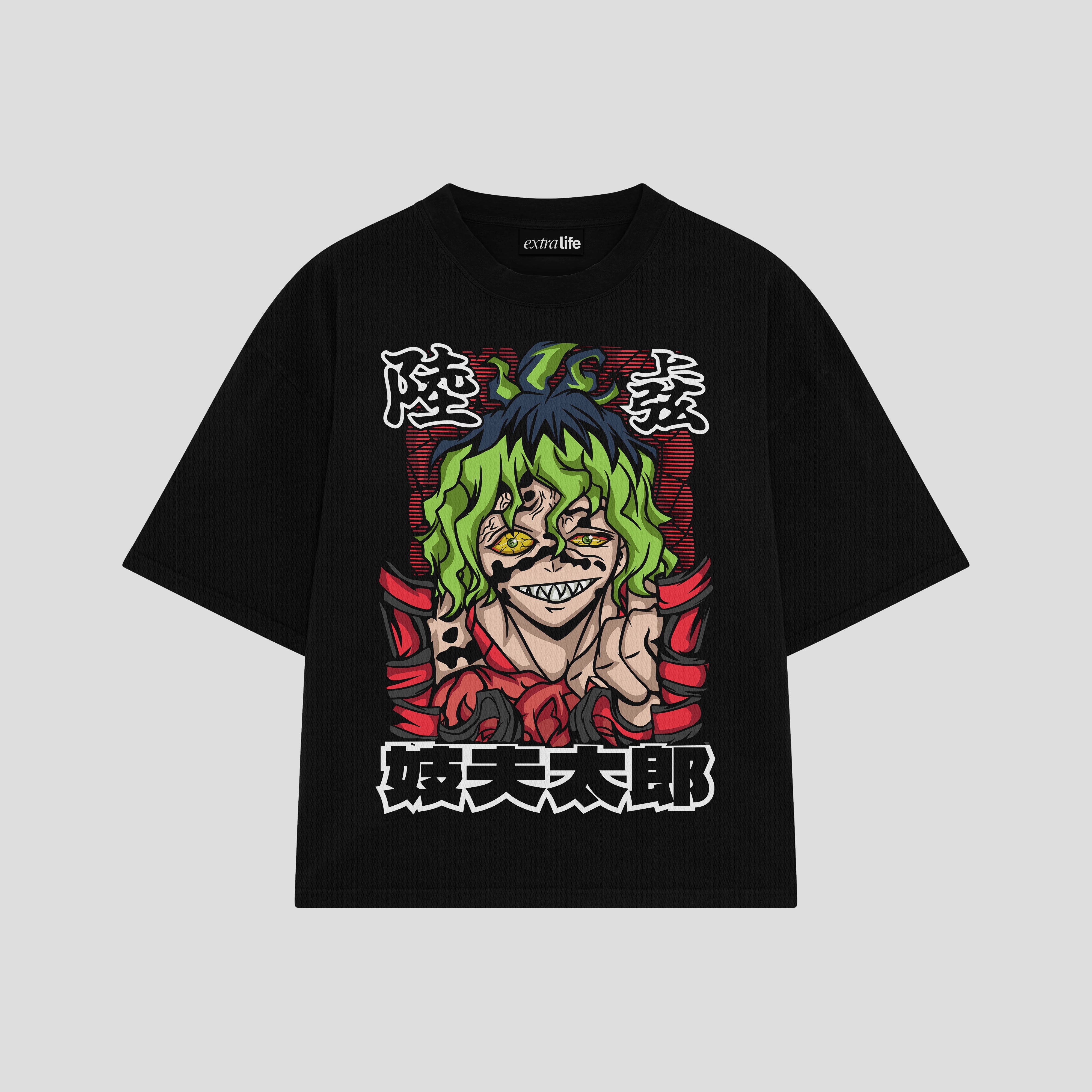 Playera streetwear premium de anime y gaming ExtraLife MX, corte boxy oversized drop shoulder heavyweight en color Deep Black y Off-White, moda urbana mexicana de culto.