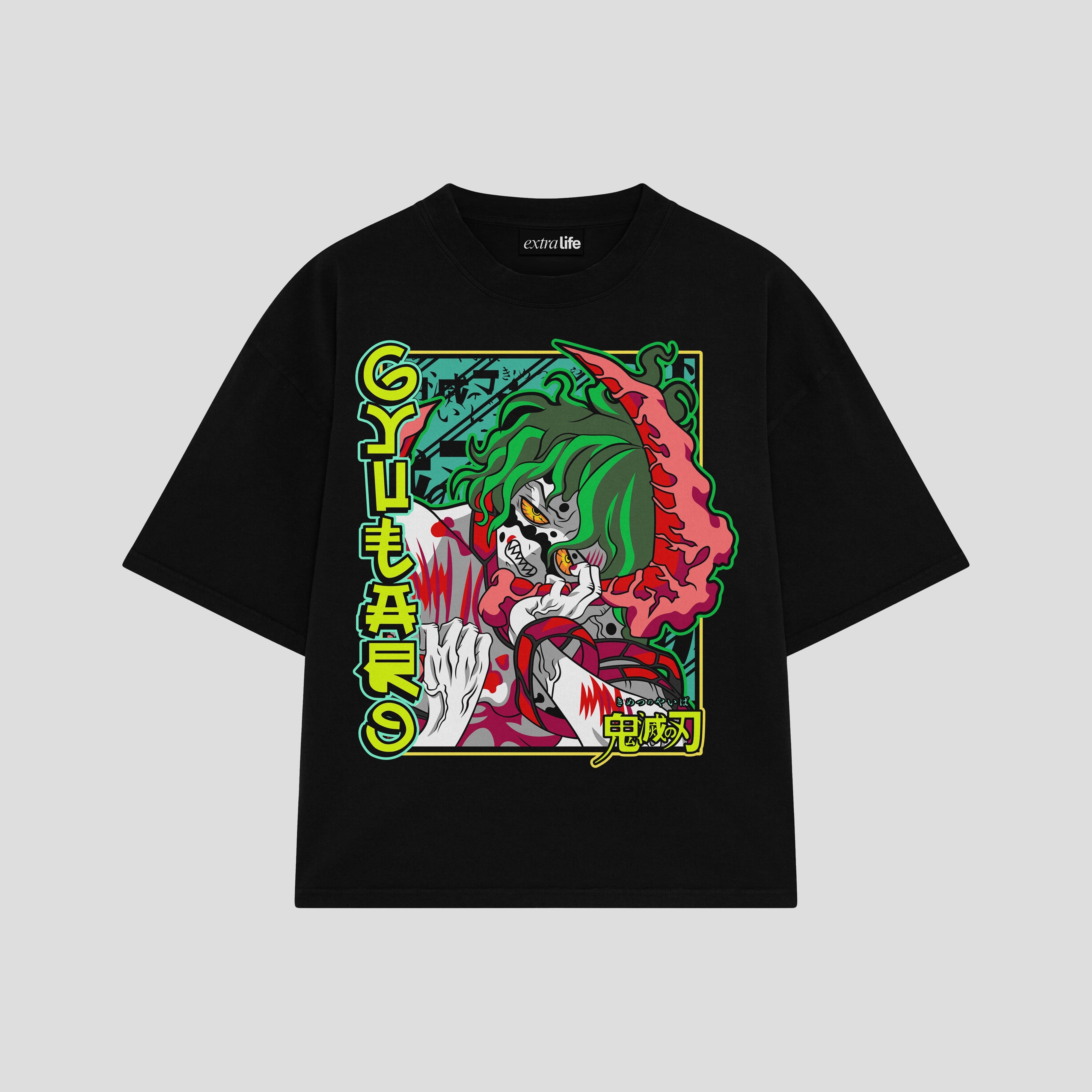 Playera streetwear premium de anime y gaming ExtraLife MX, corte boxy oversized drop shoulder heavyweight en color Deep Black y Off-White, moda urbana mexicana de culto.