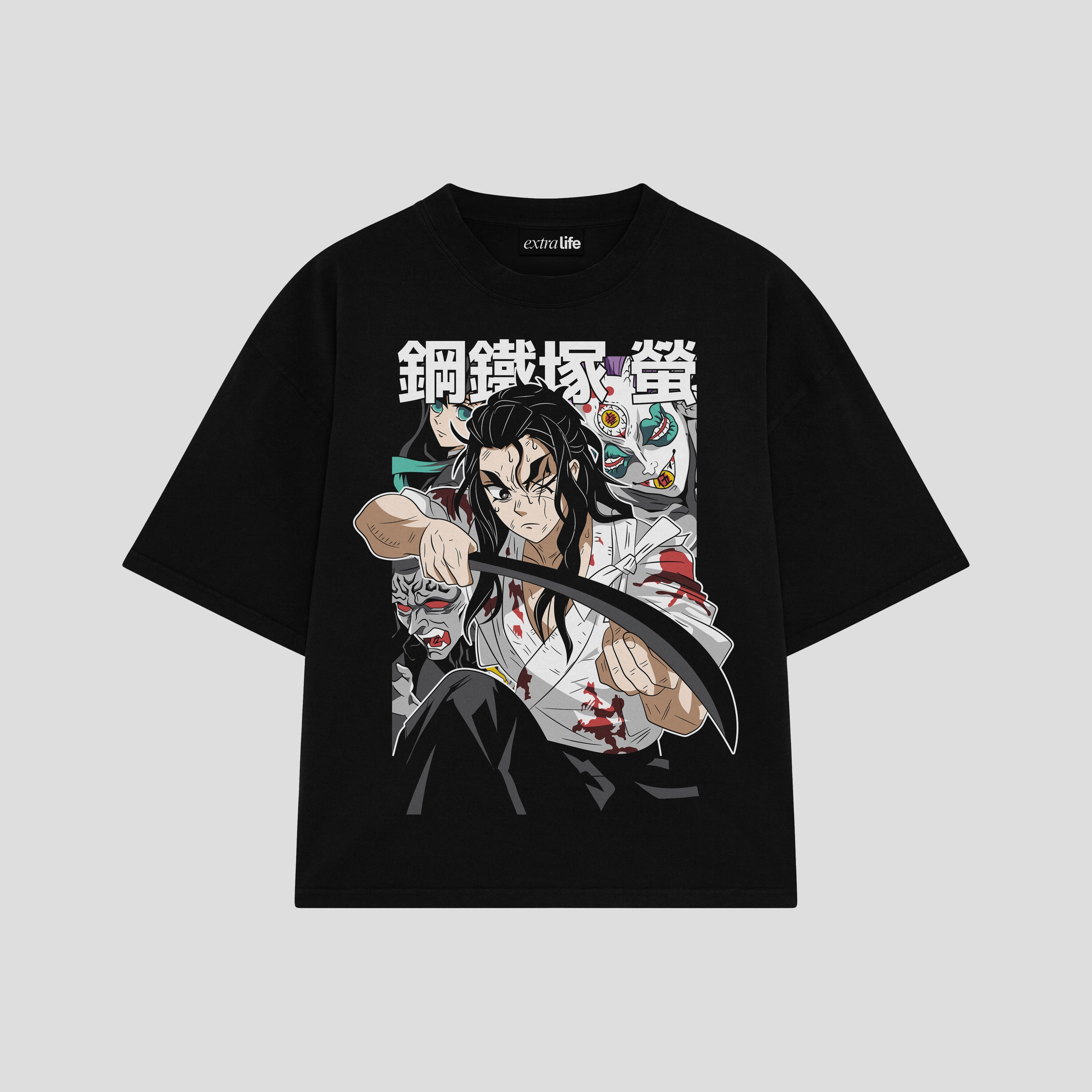 Playera streetwear premium de anime y gaming ExtraLife MX, corte boxy oversized drop shoulder heavyweight en color Deep Black y Off-White, moda urbana mexicana de culto.