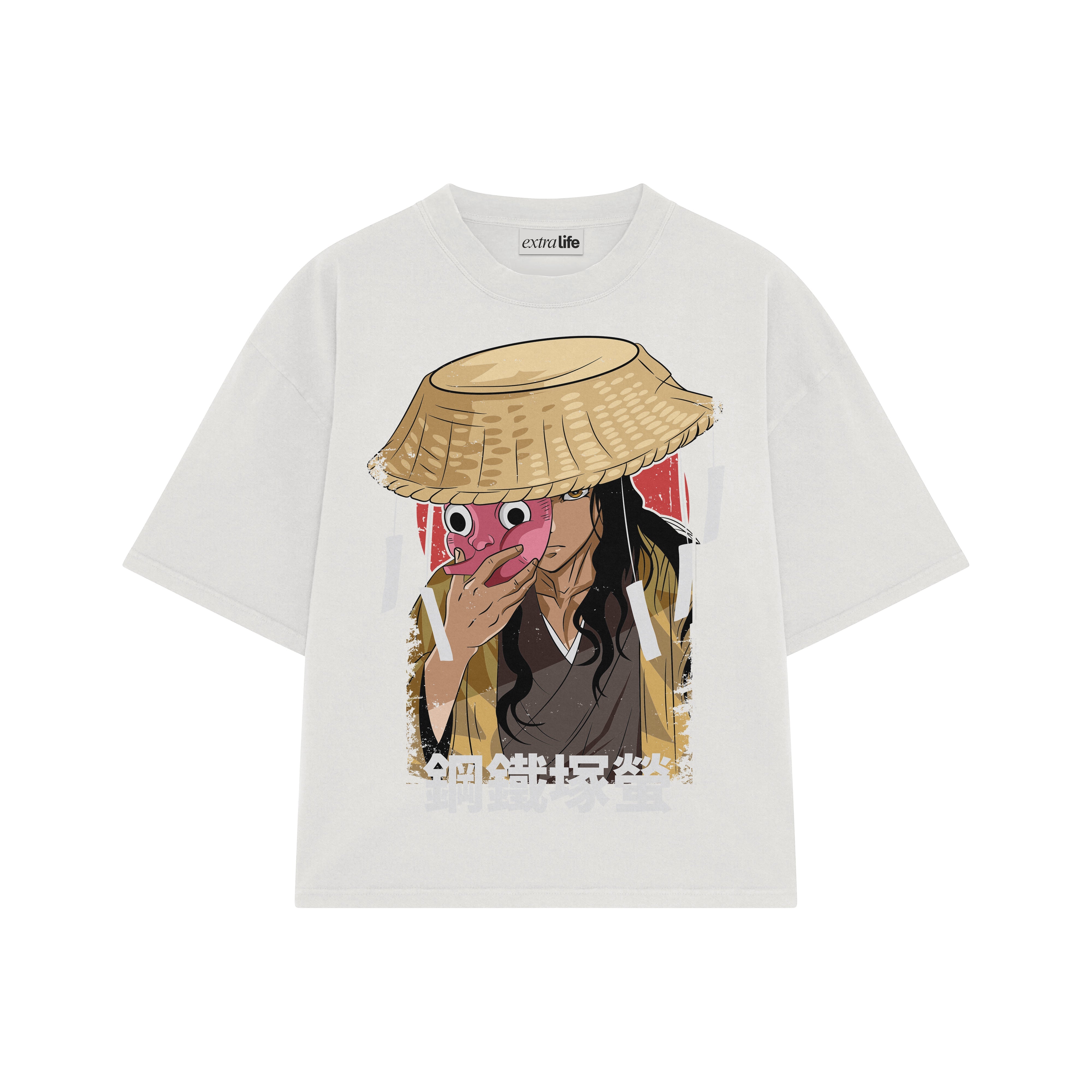 Playera streetwear premium de anime y gaming ExtraLife MX, corte boxy oversized drop shoulder heavyweight en color Deep Black y Off-White, moda urbana mexicana de culto.
