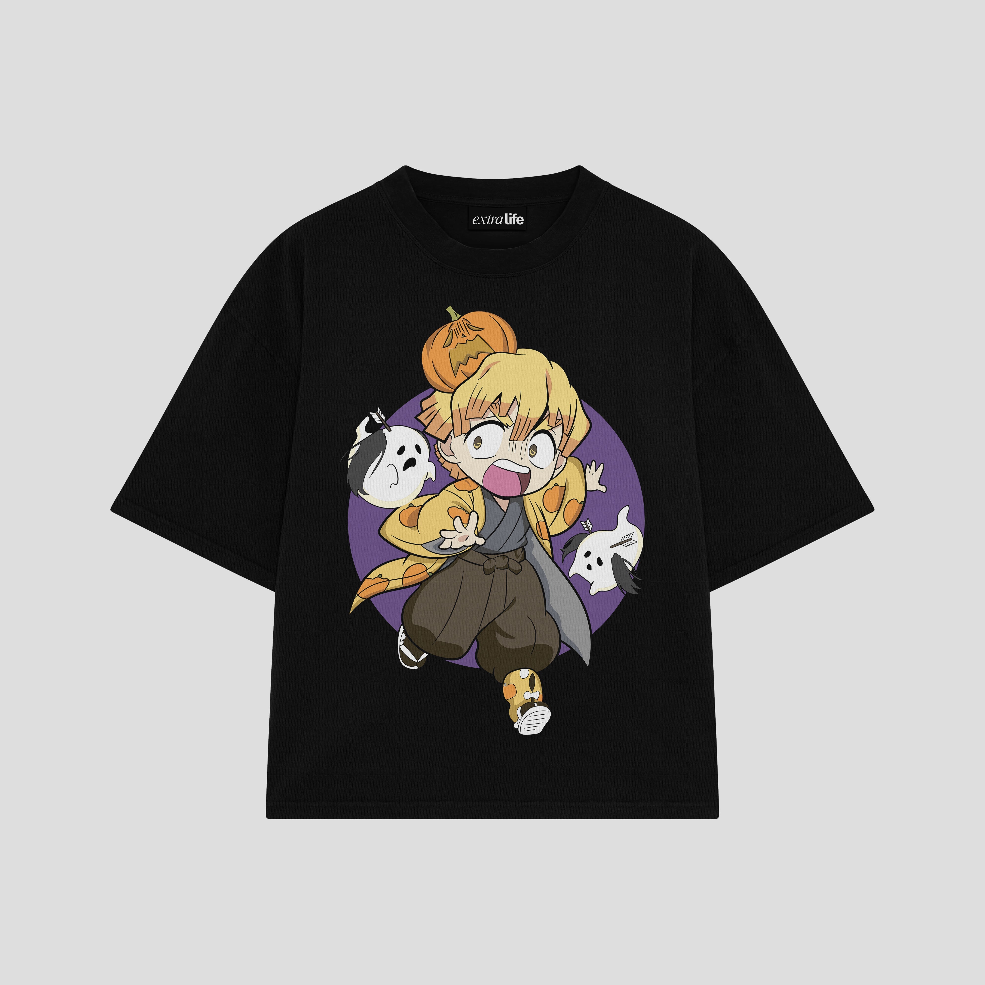 Playera streetwear premium de anime y gaming ExtraLife MX, corte boxy oversized drop shoulder heavyweight en color Deep Black y Off-White, moda urbana mexicana de culto.