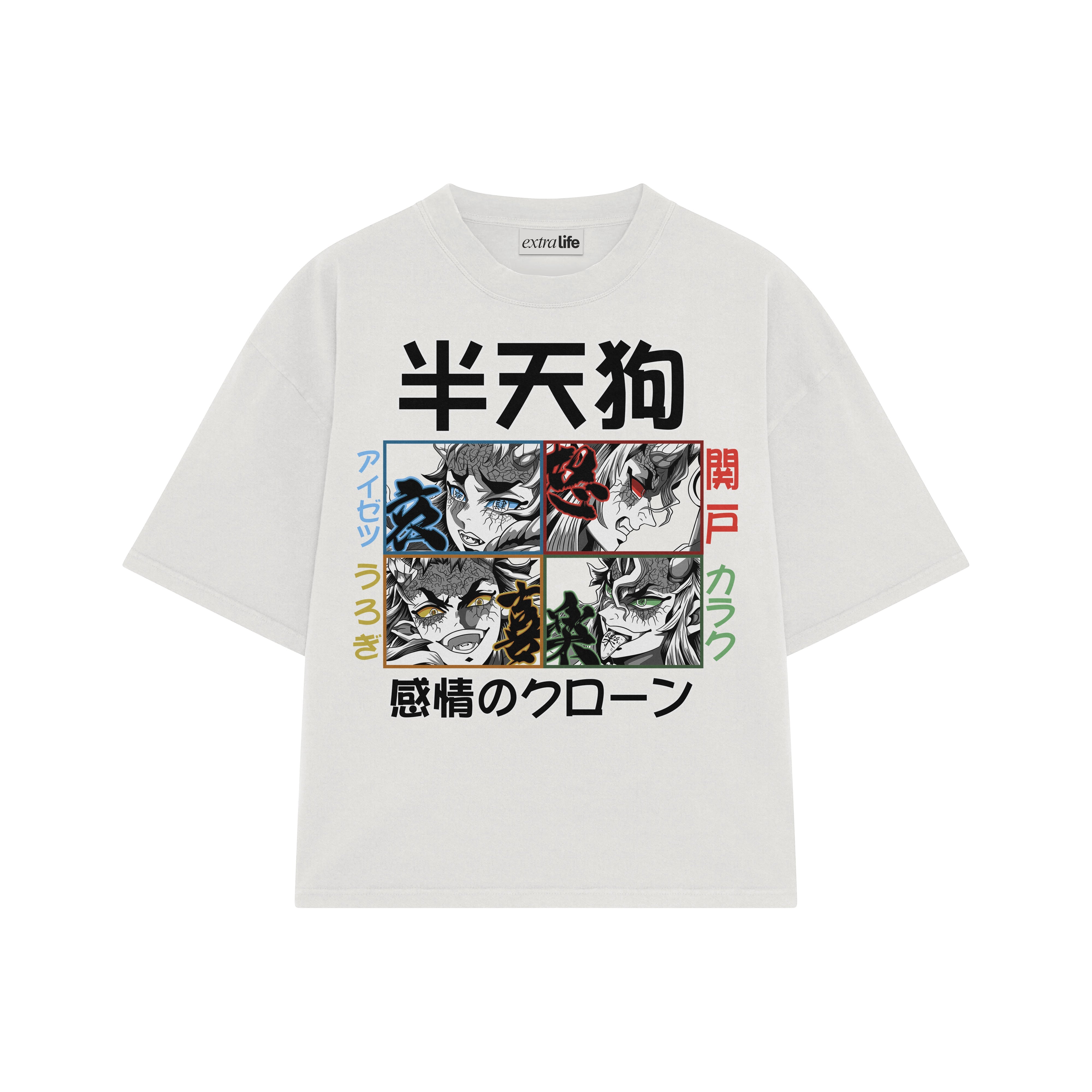 Playera streetwear premium de anime y gaming ExtraLife MX, corte boxy oversized drop shoulder heavyweight en color Deep Black y Off-White, moda urbana mexicana de culto.