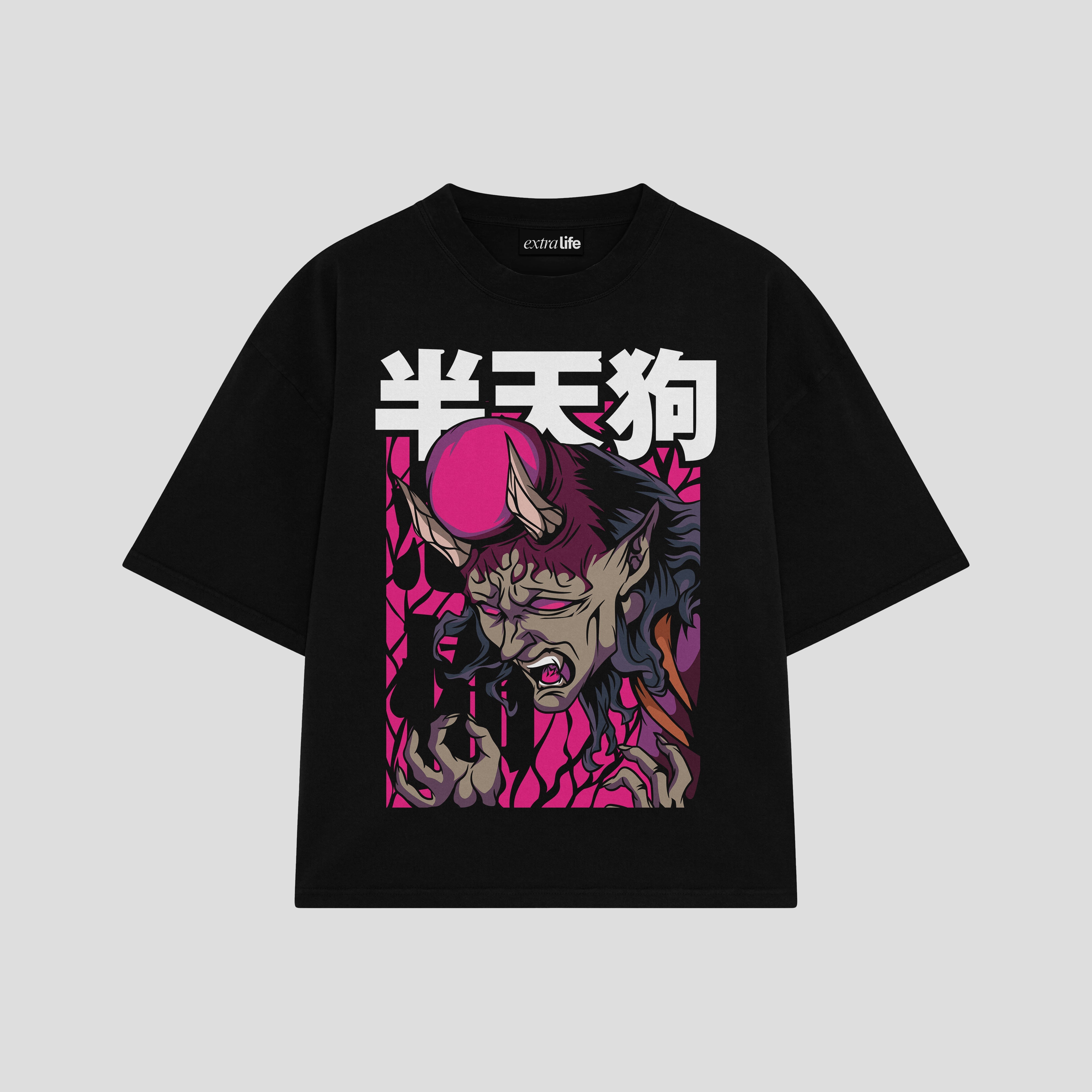 Playera streetwear premium de anime y gaming ExtraLife MX, corte boxy oversized drop shoulder heavyweight en color Deep Black y Off-White, moda urbana mexicana de culto.