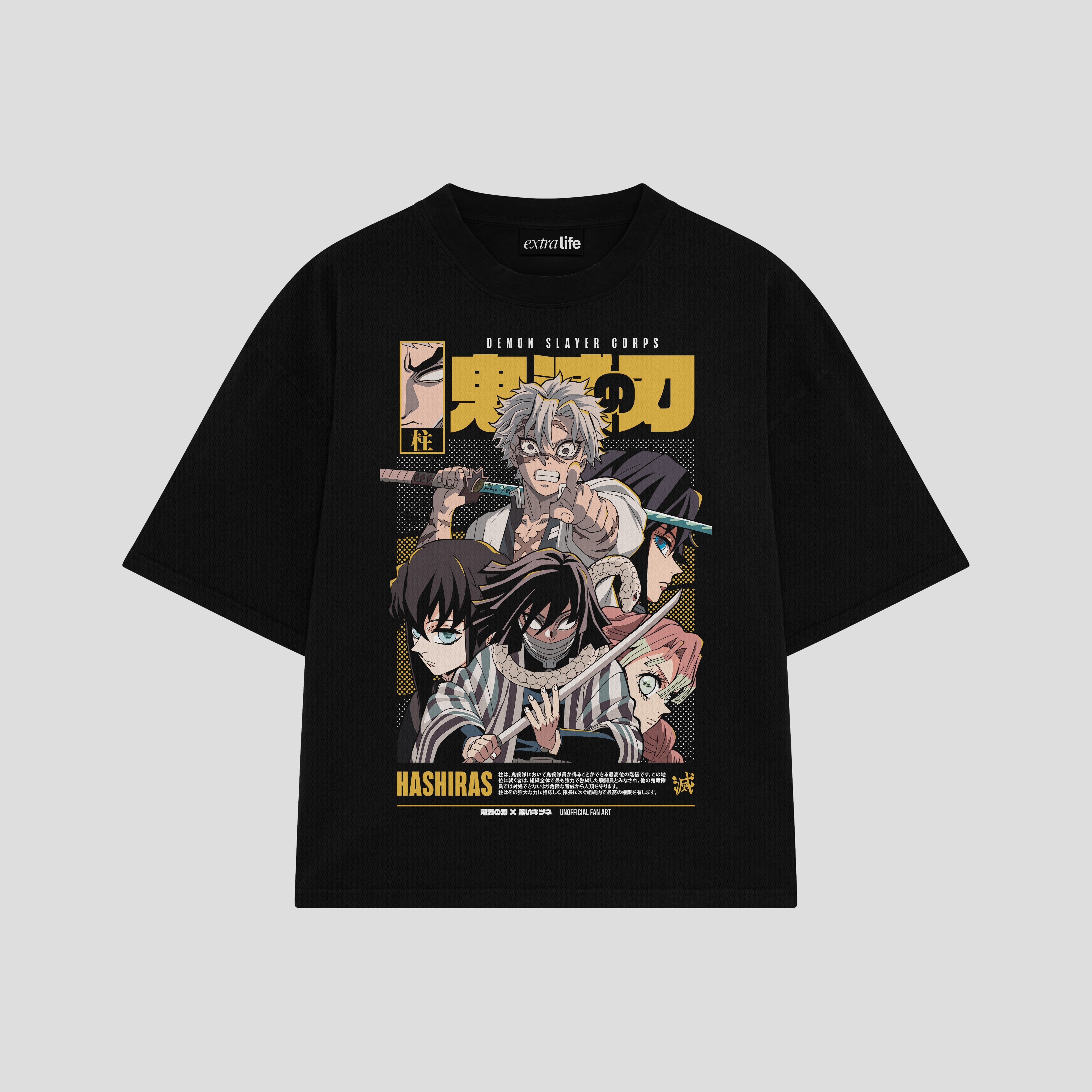 Playera streetwear premium de anime y gaming ExtraLife MX, corte boxy oversized drop shoulder heavyweight en color Deep Black y Off-White, moda urbana mexicana de culto.